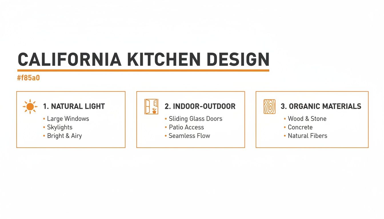California kitchen design principles highlighting natural light, indoor-outdoor flow, and organic materials, featuring large windows, skylights, sliding glass doors, and elements like wood, stone, and concrete.