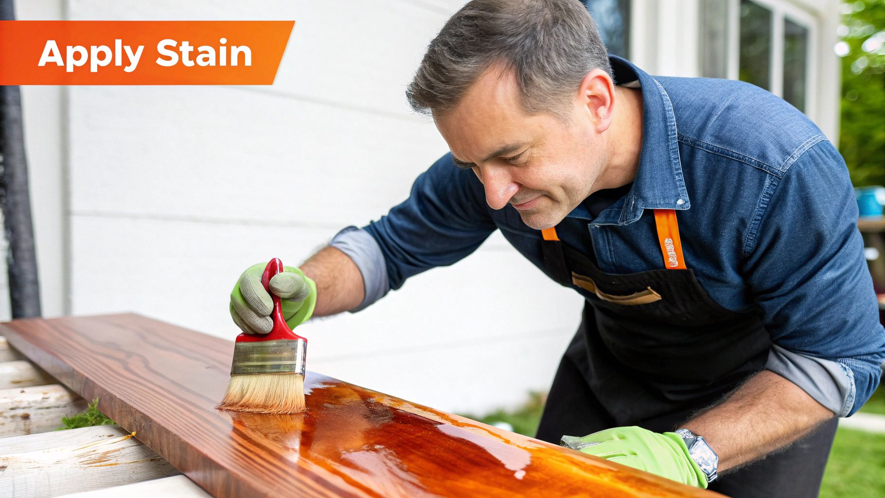 Man applying stain to hardwood surface with brush, wearing gloves and apron, showcasing the refinishing process for hardwood floors.