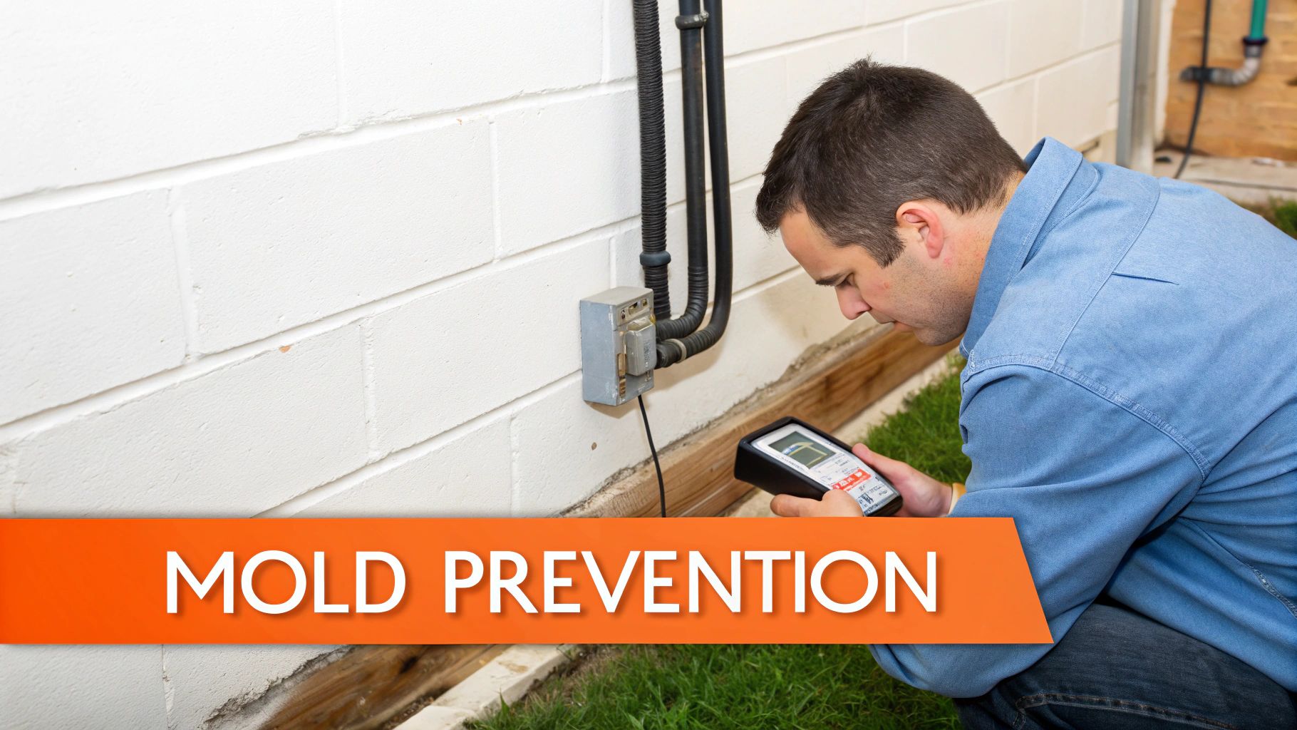 A man using a moisture meter to inspect a white brick wall for mold prevention.