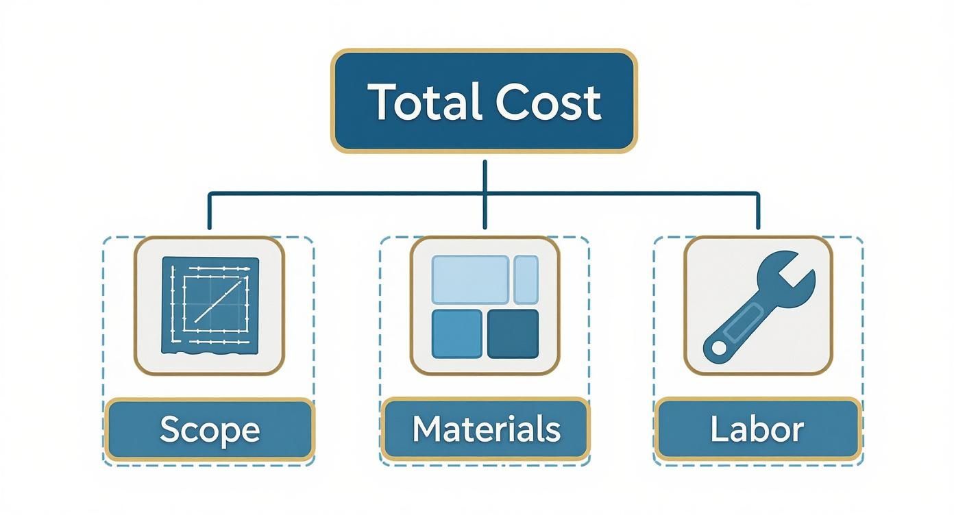 A diagram illustrating total cost broken down into scope, materials, and labor, each with a relevant icon.