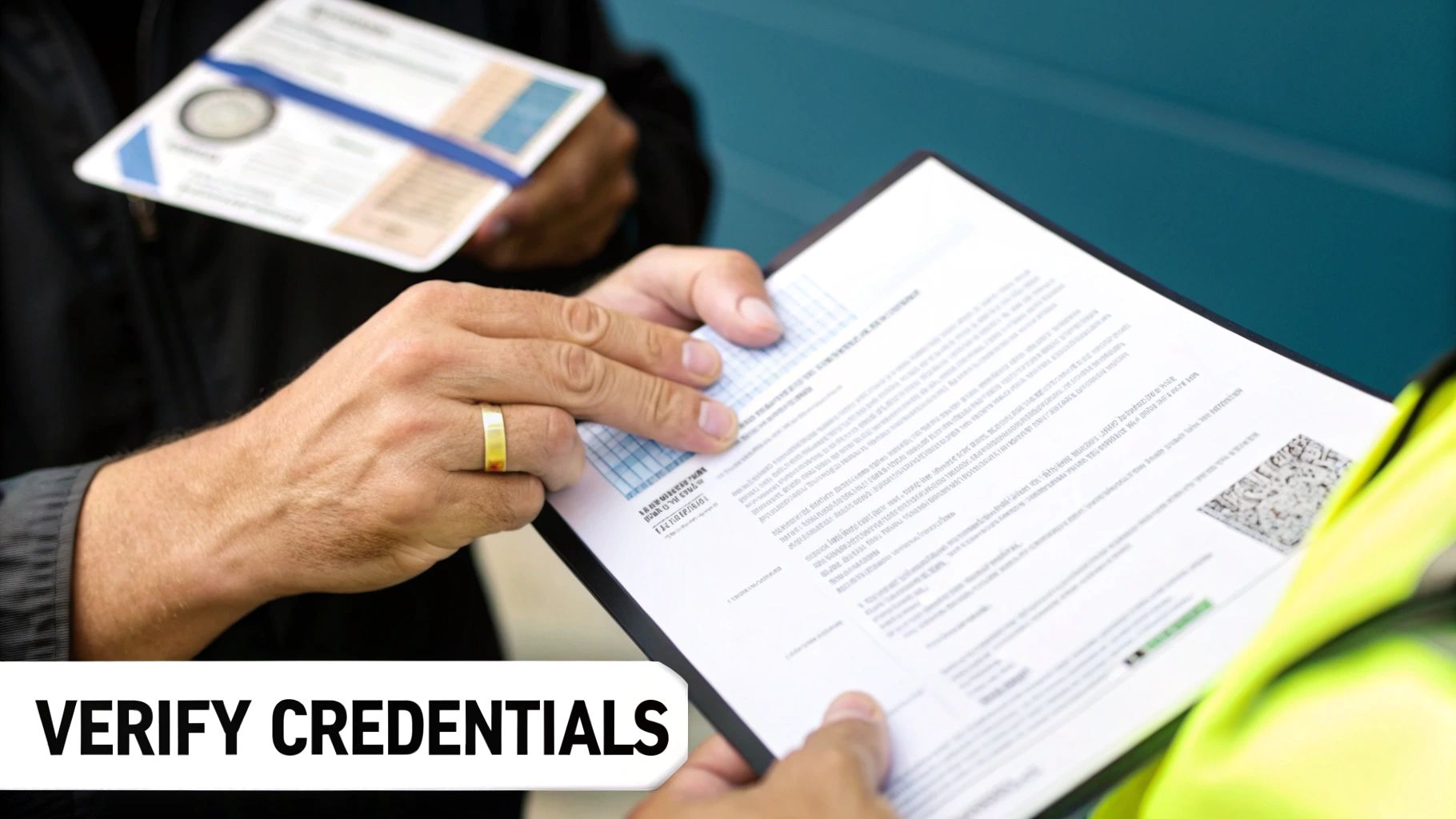 Hands examining contractor credentials and verification documents, emphasizing the importance of verifying qualifications for kitchen remodel projects.