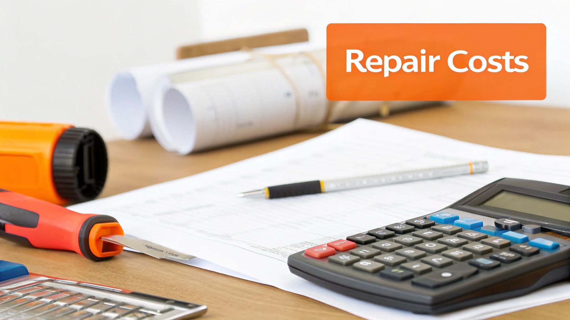 Repair costs document with a calculator, tools, and rolled blueprints, emphasizing home renovation and mold remediation planning.