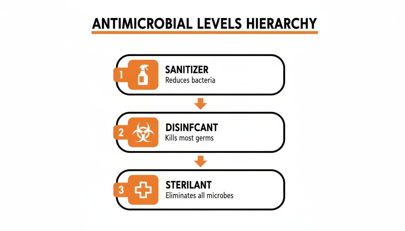 A diagram illustrating the antimicrobial levels hierarchy: Sanitizer, Disinfectant, and Sterilant, with their respective functions.