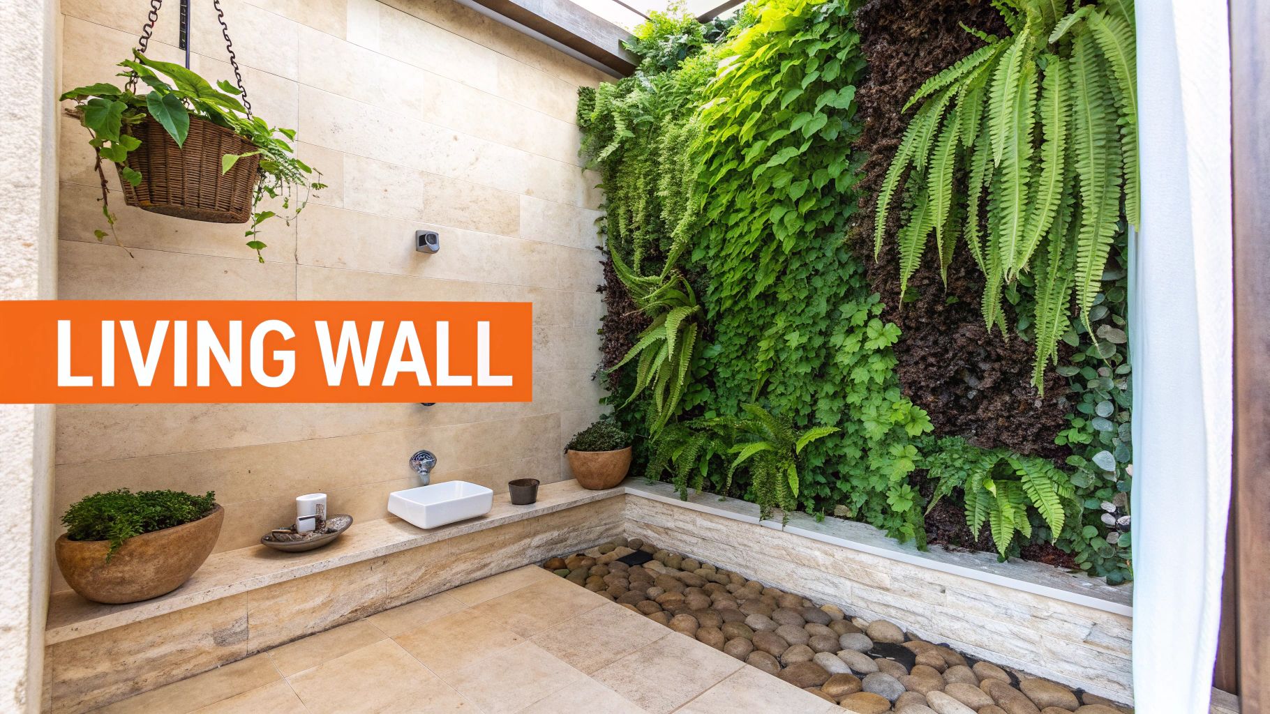 Rustic shower design featuring a vibrant living wall of ferns and hanging plants, complemented by natural stone elements and a serene, spa-like atmosphere.
