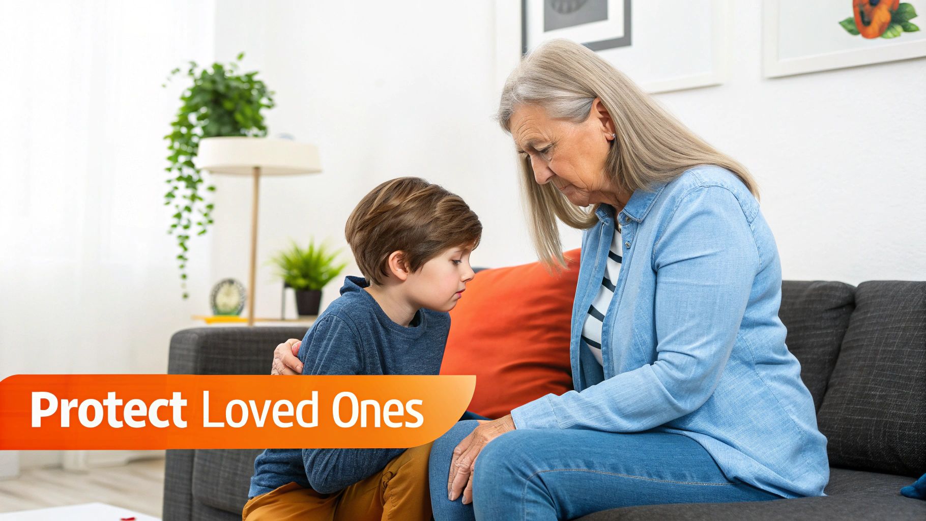 Child comforting an elderly woman in a living room, emphasizing the importance of protecting loved ones after fire damage and smoke exposure.