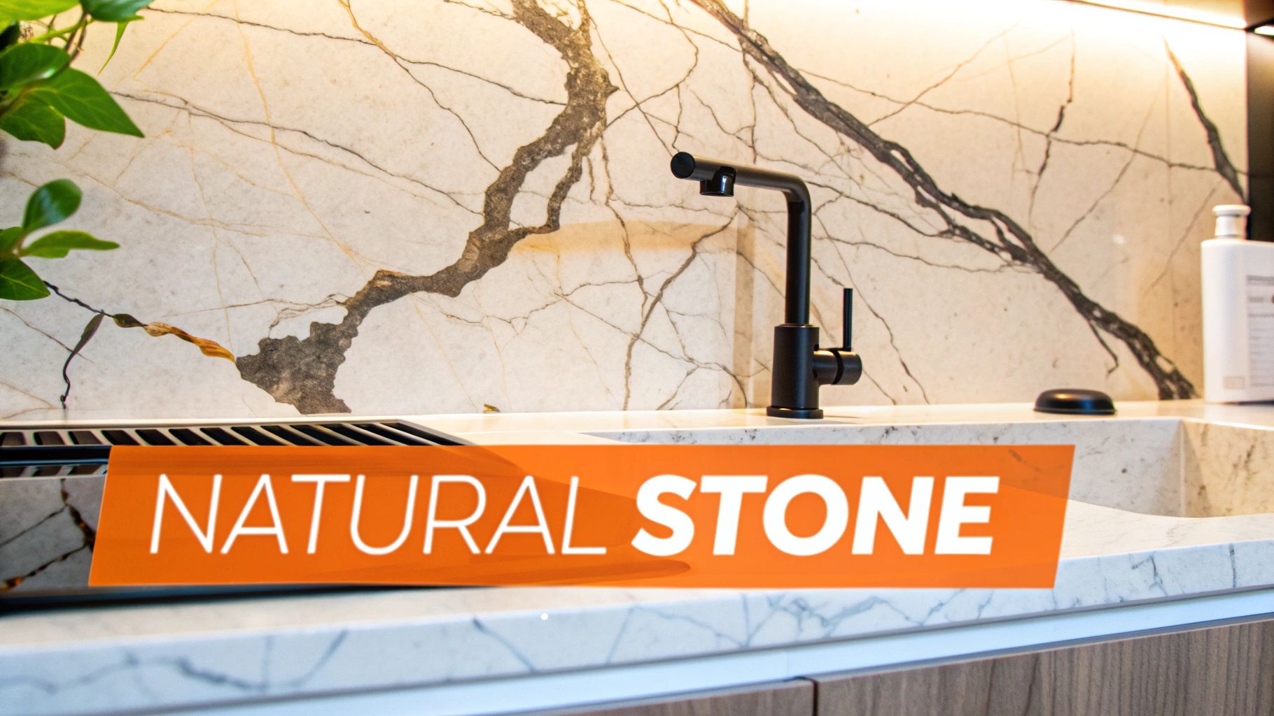 Modern kitchen with a stunning natural stone marble backsplash, countertop, and a sleek black faucet.