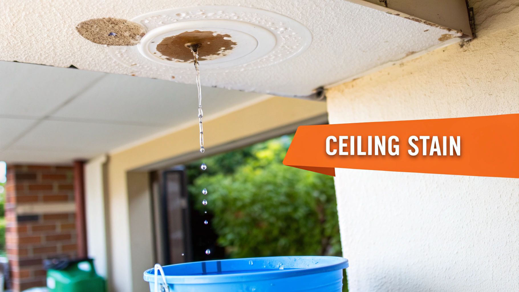 Close-up of a ceiling with a brown water stain and water actively dripping into a blue bucket below.