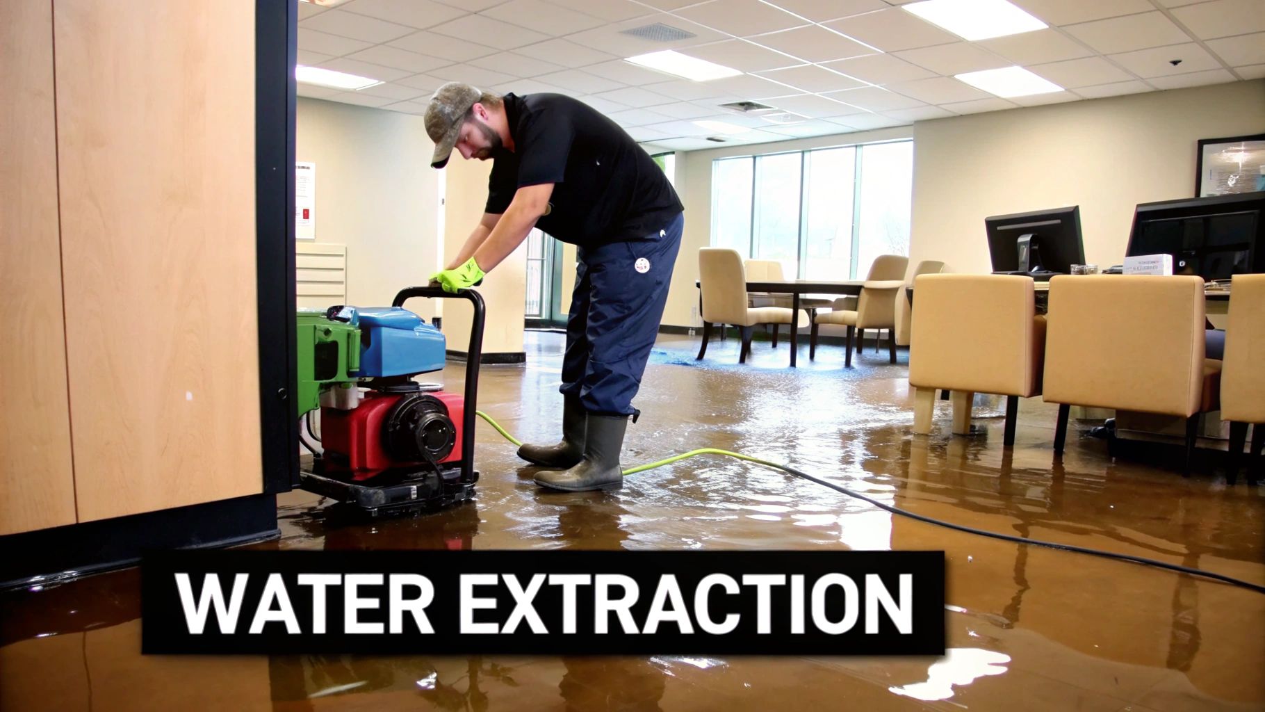 Water extraction process in commercial space, technician using equipment on flooded floor, emphasizing professional restoration services.