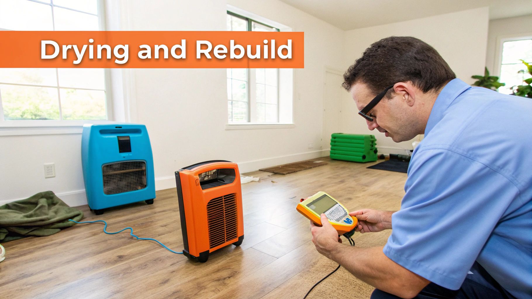 A technician inspects a device in a room with water damage drying equipment, including an orange and a blue air mover.