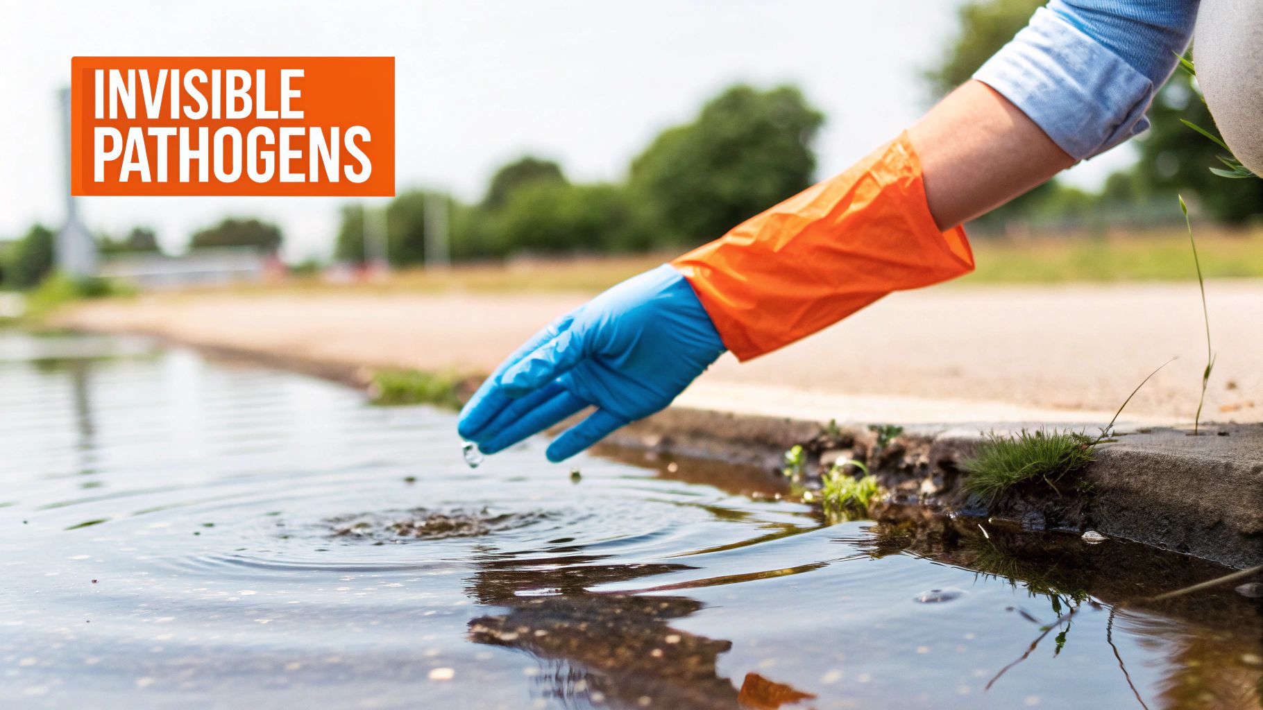 Hand in protective glove collecting water sample from contaminated pond to test for invisible pathogens