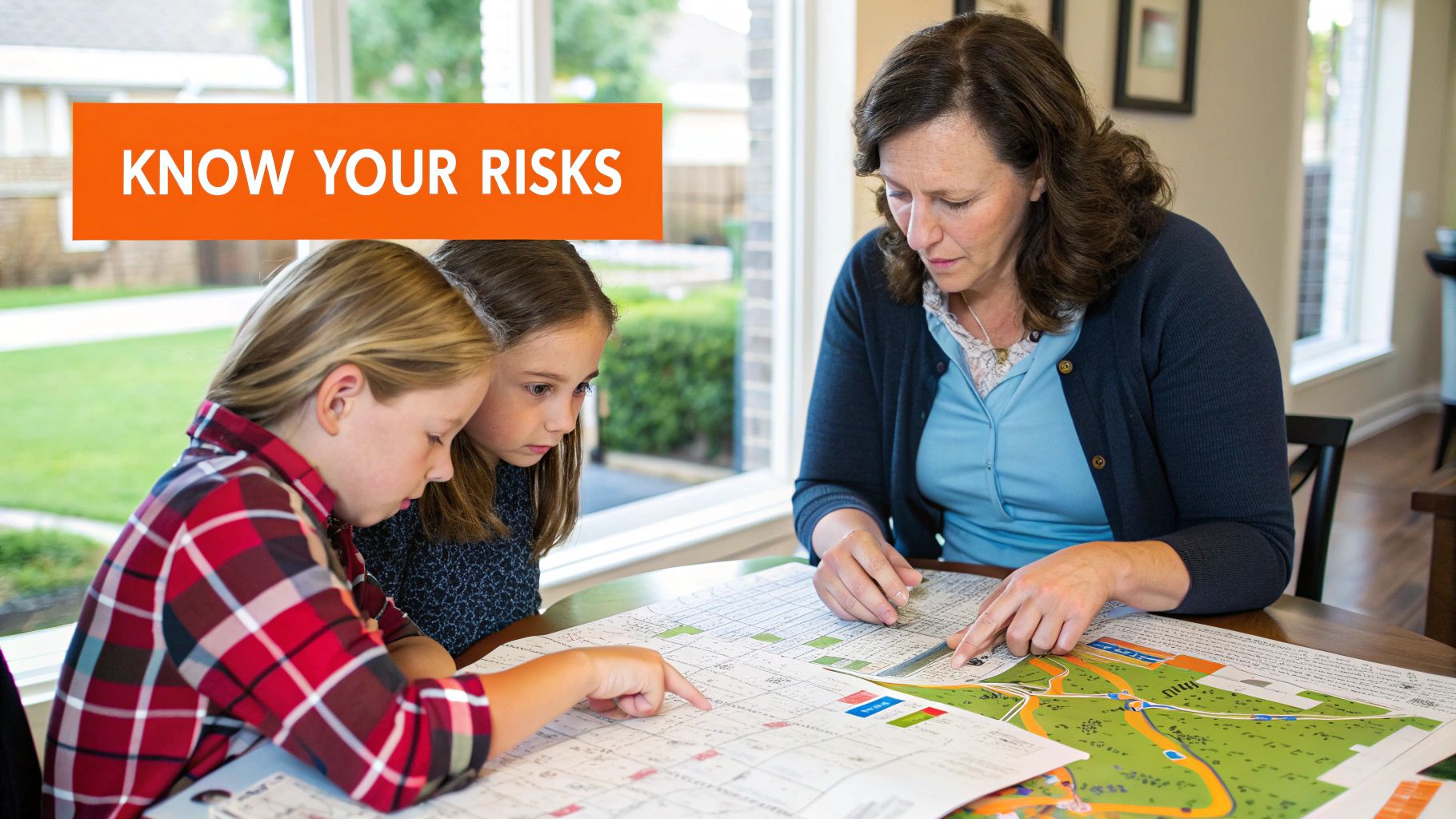 Woman and two girls studying a map indoors, focusing on emergency preparedness and disaster risk awareness, with the text "KNOW YOUR RISKS" prominently displayed.