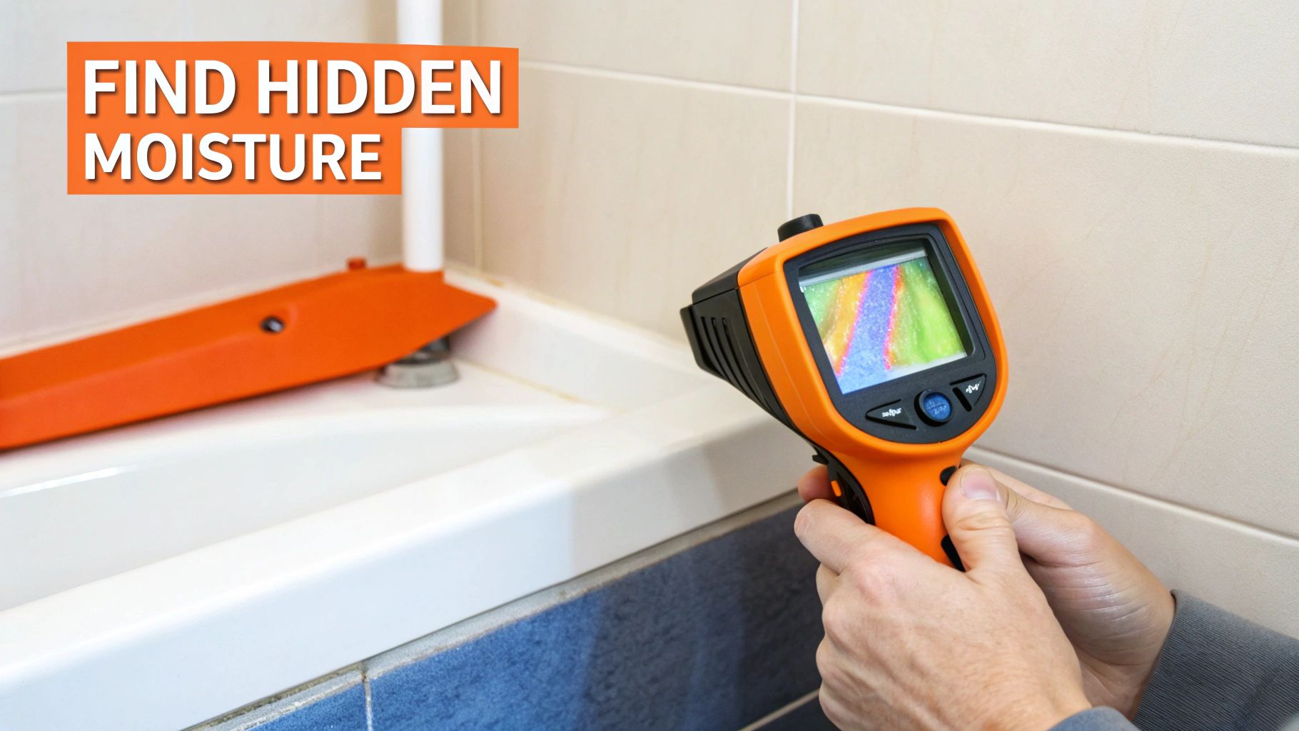 Thermal imaging camera detecting hidden moisture in bathroom wall to prevent mold growth