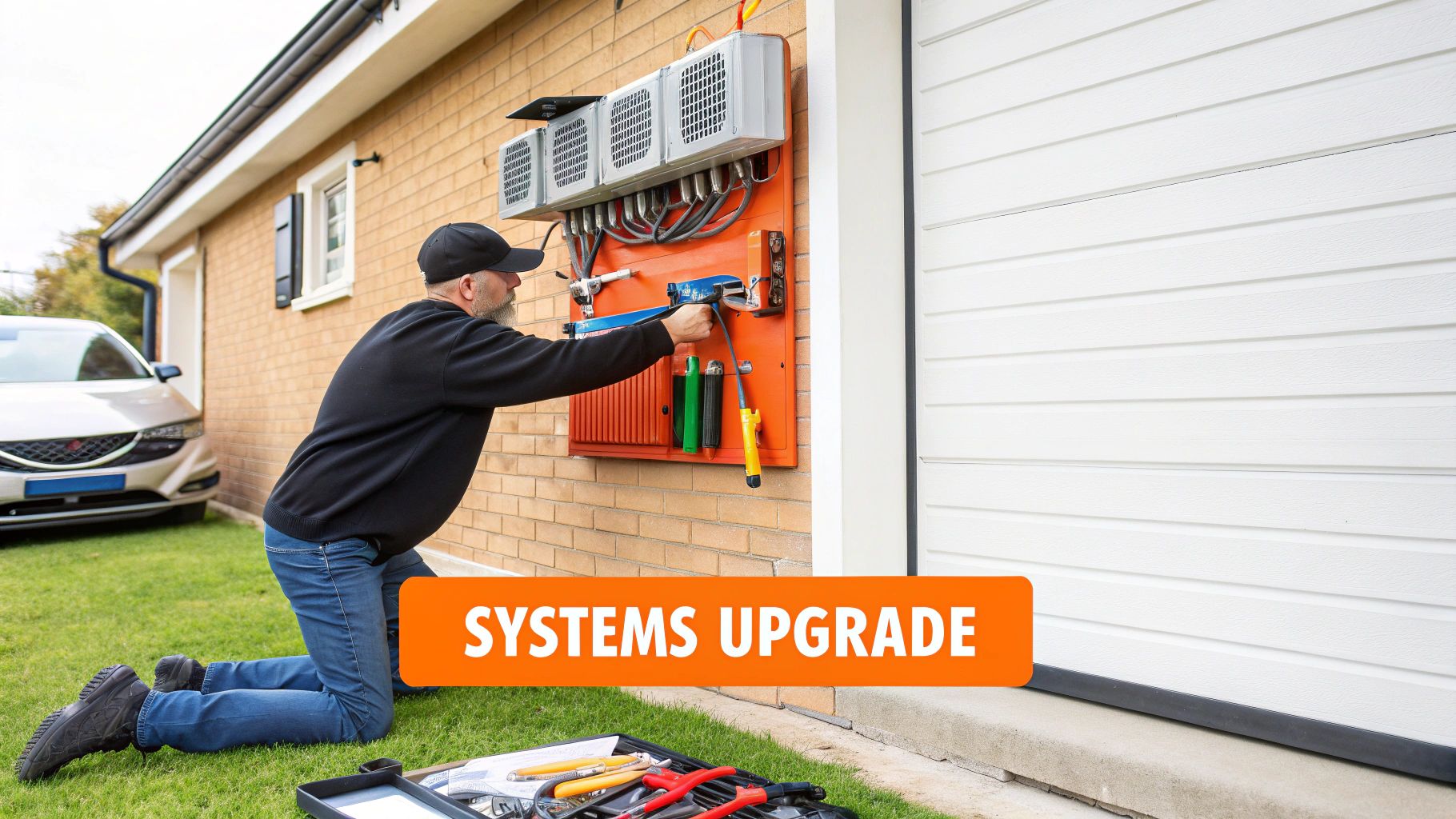 A man kneels on the grass, actively working on an outdoor electrical system mounted on a brick wall.