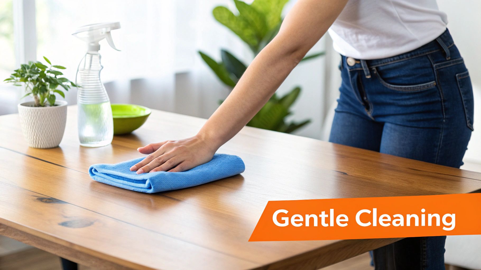 Person gently cleaning a wooden table with a blue cloth and spray bottle, with plants in background.