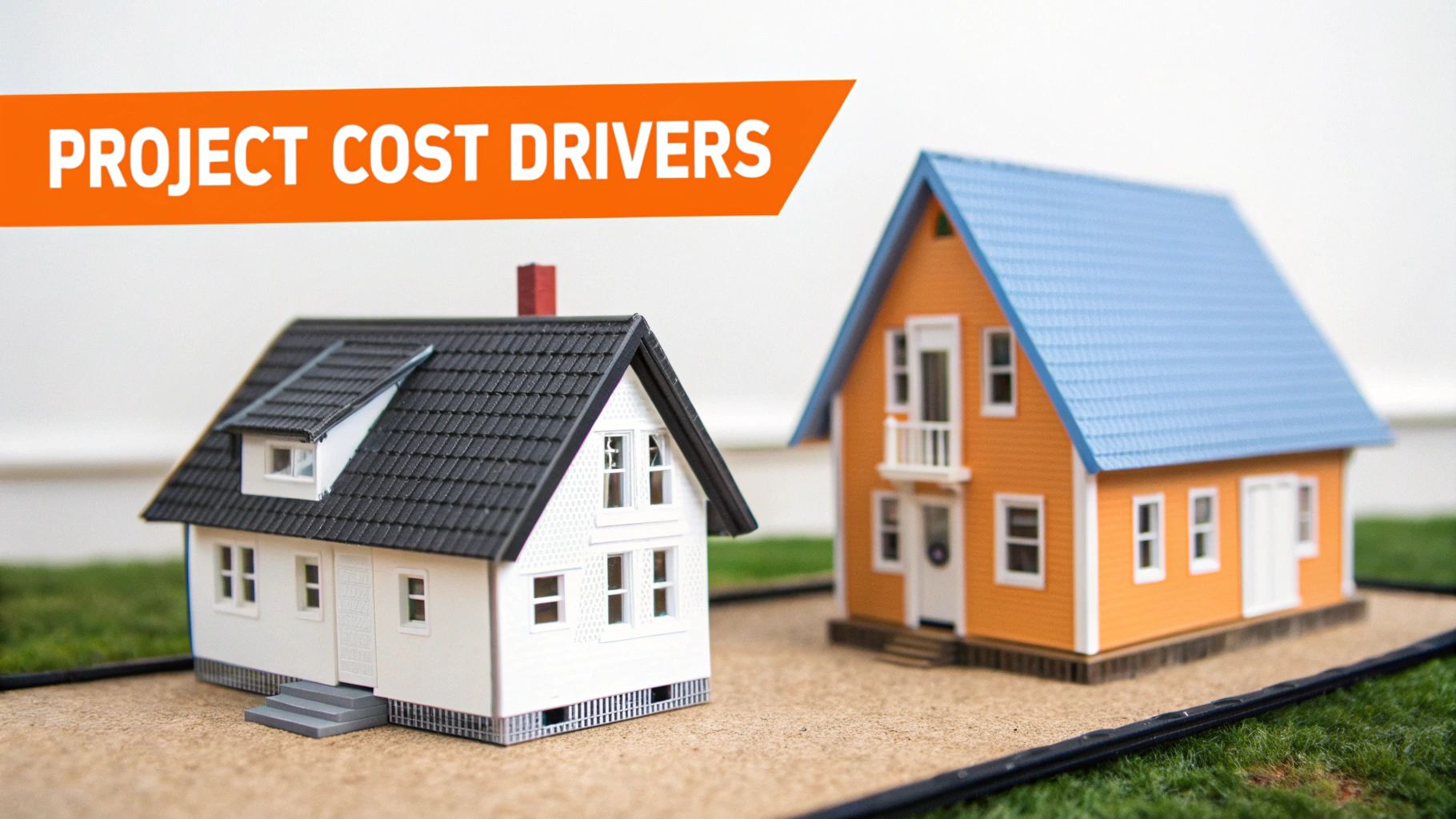 Model houses representing project cost drivers for home additions, with a prominent orange banner stating "PROJECT COST DRIVERS."