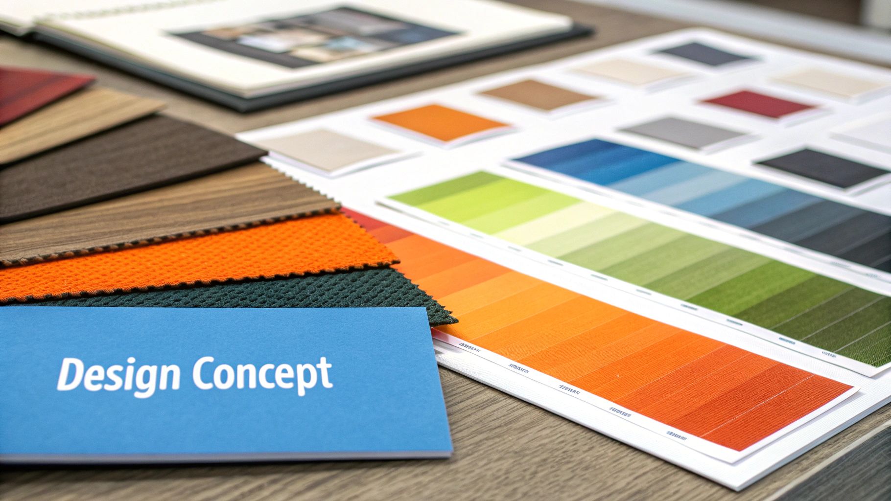 Color swatches and design samples showcasing various materials and hues, with a prominent "Design Concept" title, reflecting the planning phase of home renovations in Orange County.