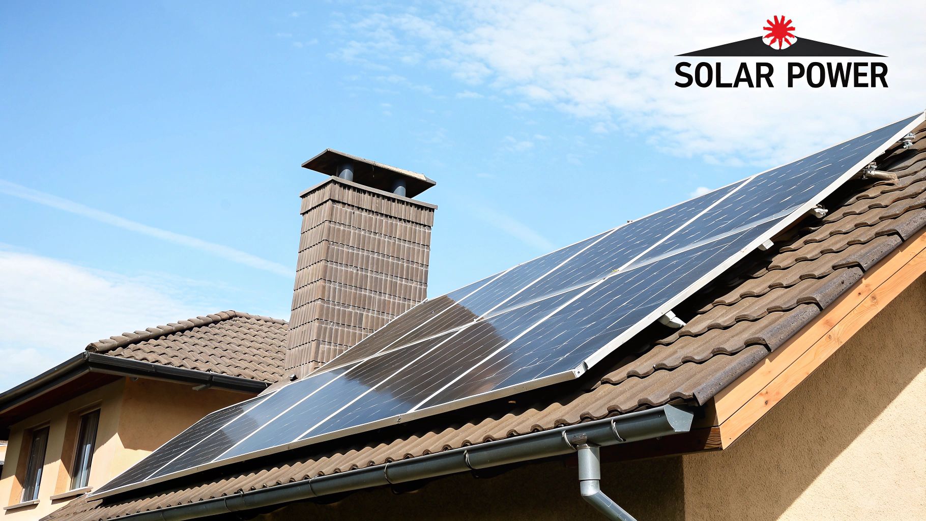 Solar panels installed on a sloped roof, showcasing energy efficiency and sustainability for homeowners in Southern California, with a clear blue sky in the background.
