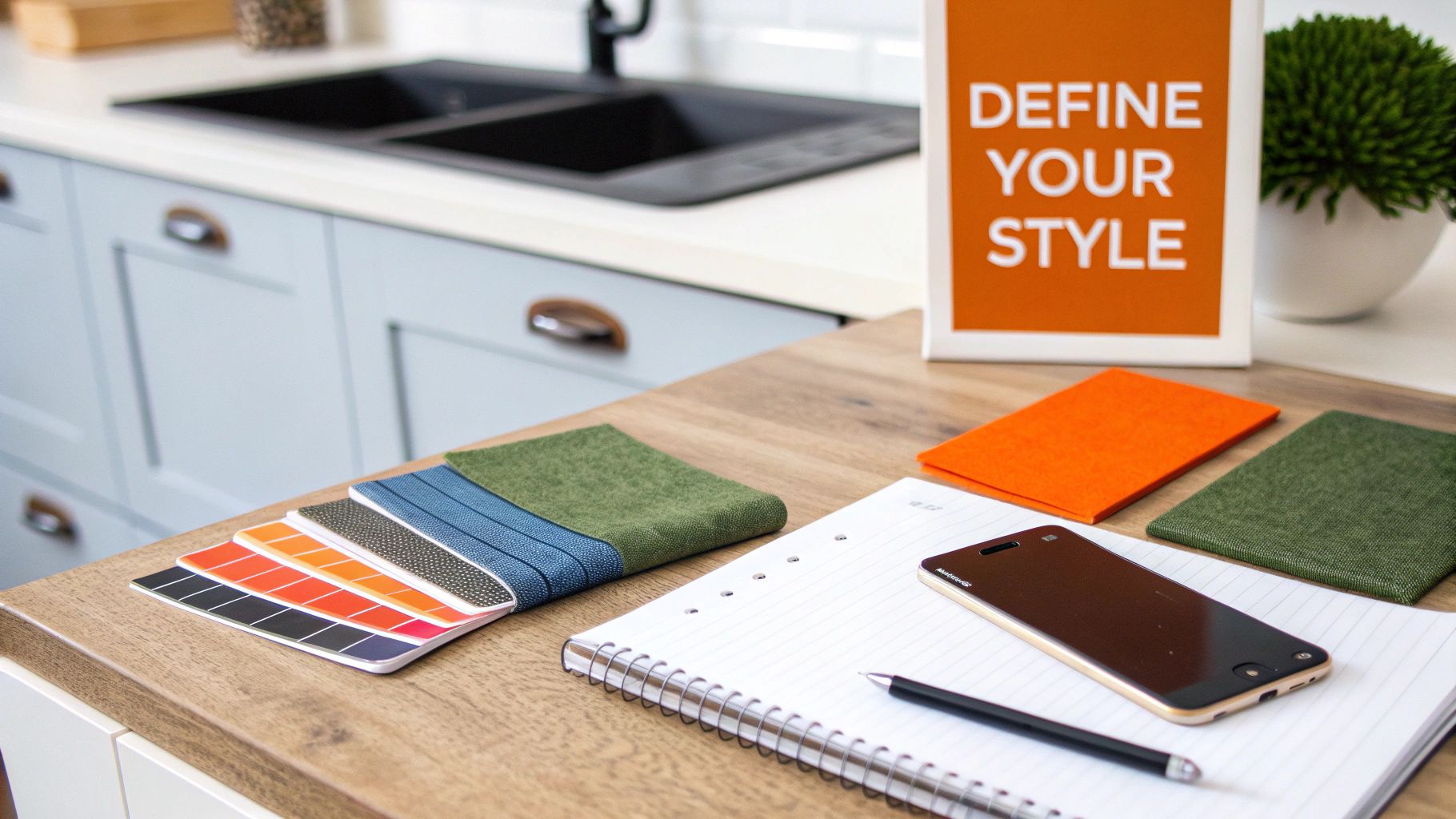 A flat lay of design elements including fabric swatches, color samples, and a notebook for kitchen style.