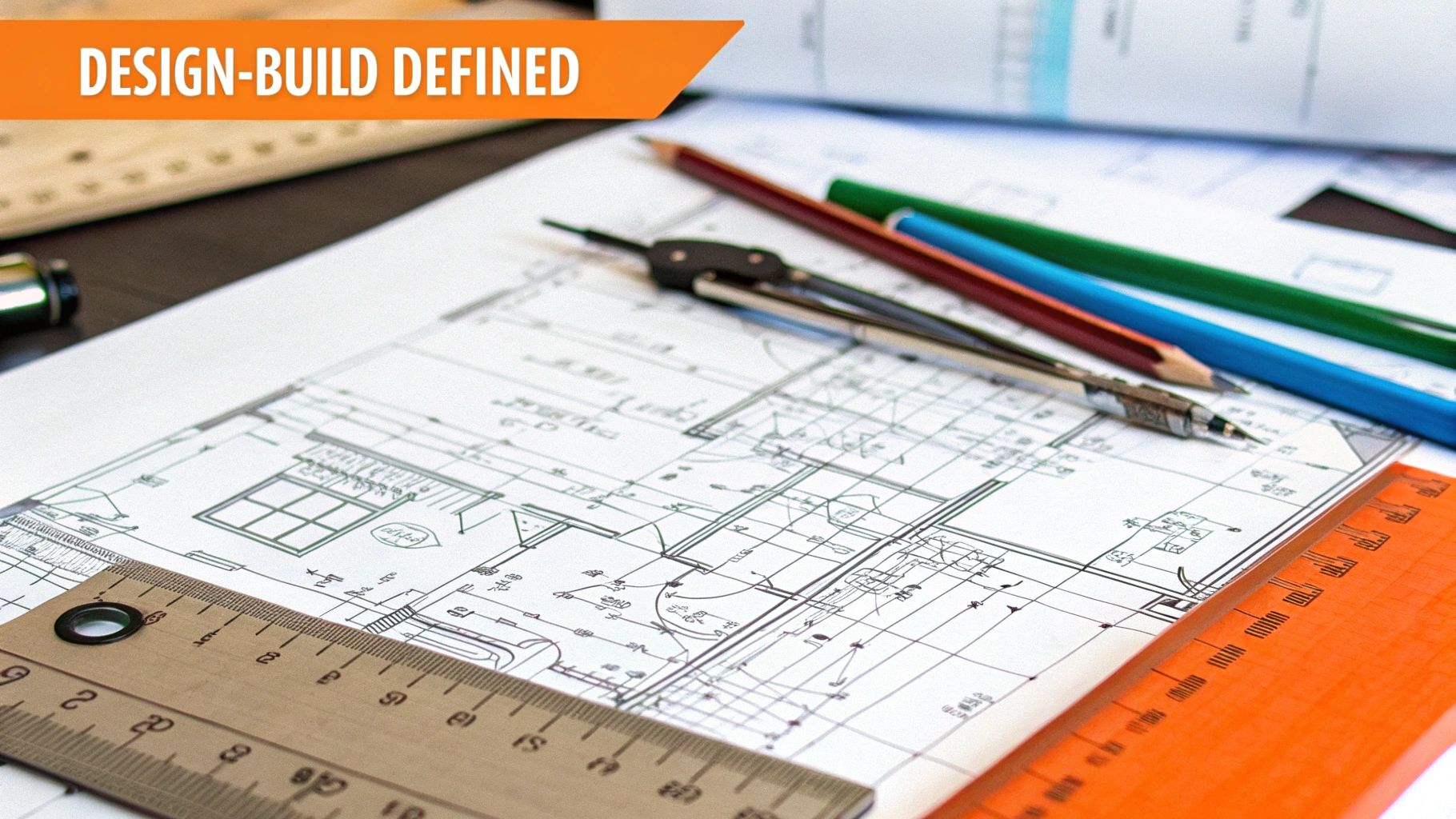 Blueprints and design plans for home renovation with architectural tools, including a ruler and colored pencils, labeled "Design-Build Defined."