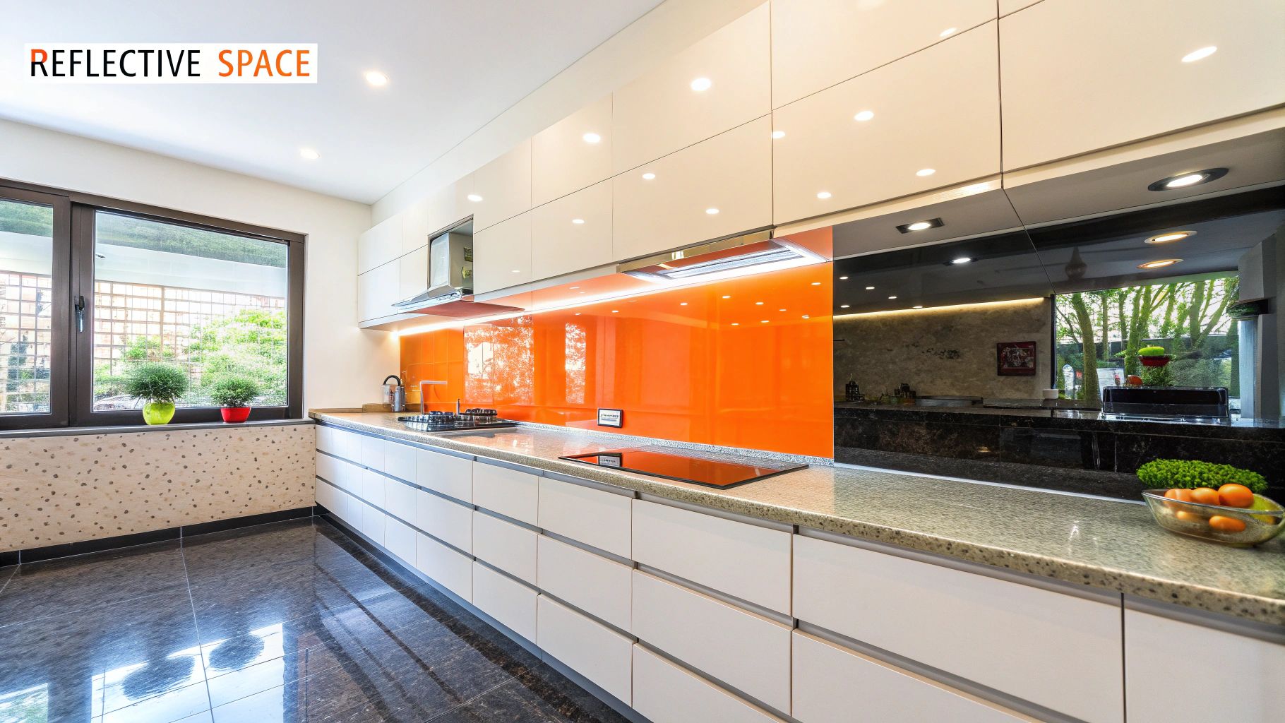 Modern galley kitchen with light color palette, glossy white cabinetry, reflective orange backsplash, polished countertop, and large windows for natural light, emphasizing spaciousness and brightness.