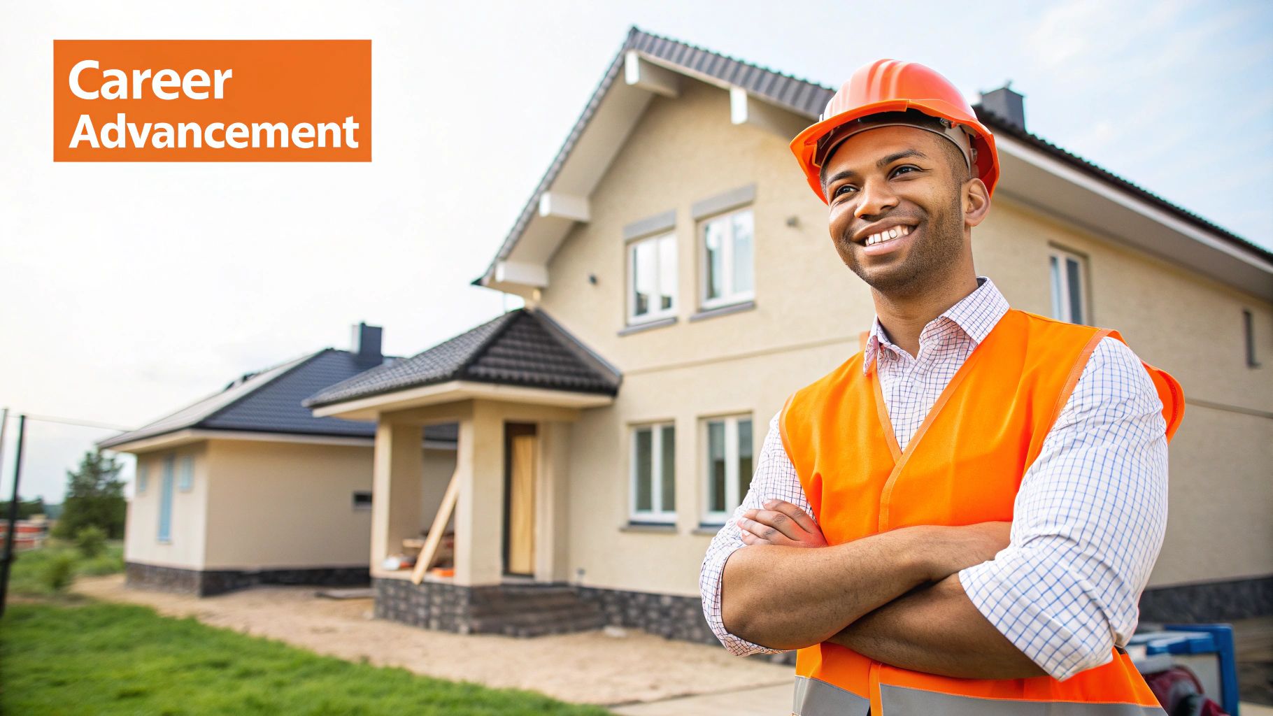 Man wearing an orange safety vest and hard hat, smiling confidently in front of a residential construction site, emphasizing career advancement in the restoration industry.