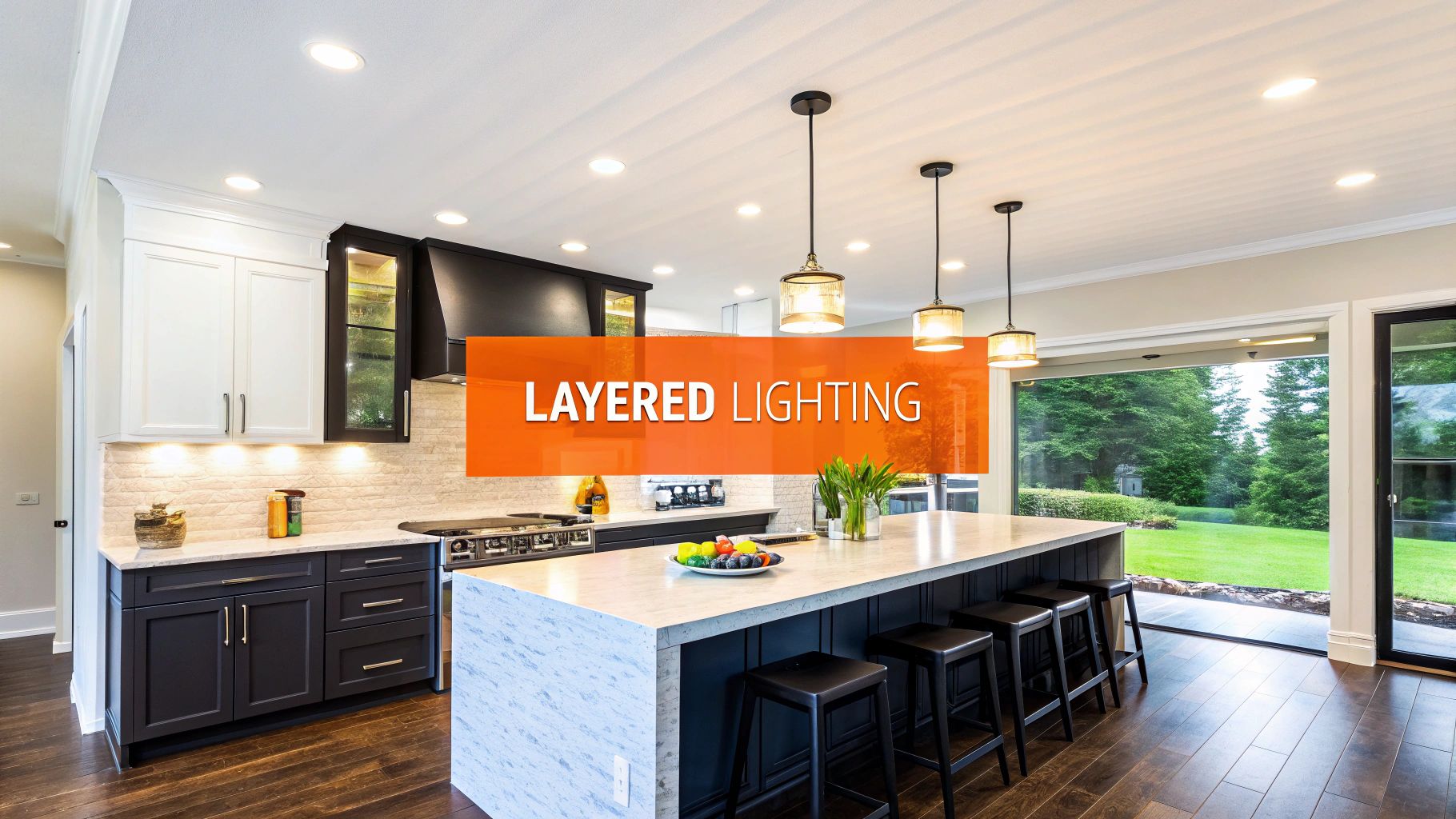 Modern kitchen featuring layered lighting design, with pendant lights and recessed fixtures illuminating a spacious island, accented by a fruit bowl, highlighting the importance of sophisticated lighting in kitchen remodeling.