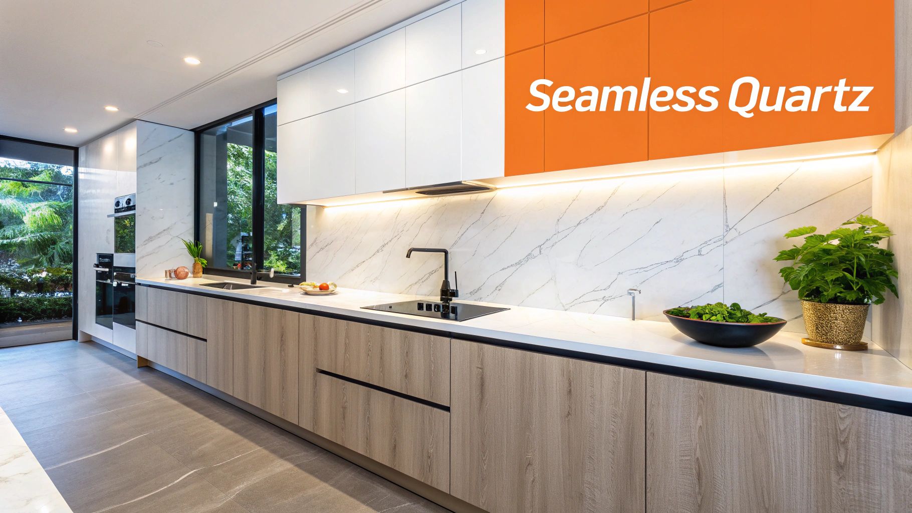 A modern kitchen featuring light wood base cabinets, white quartz countertops, and a marble-patterned backsplash.