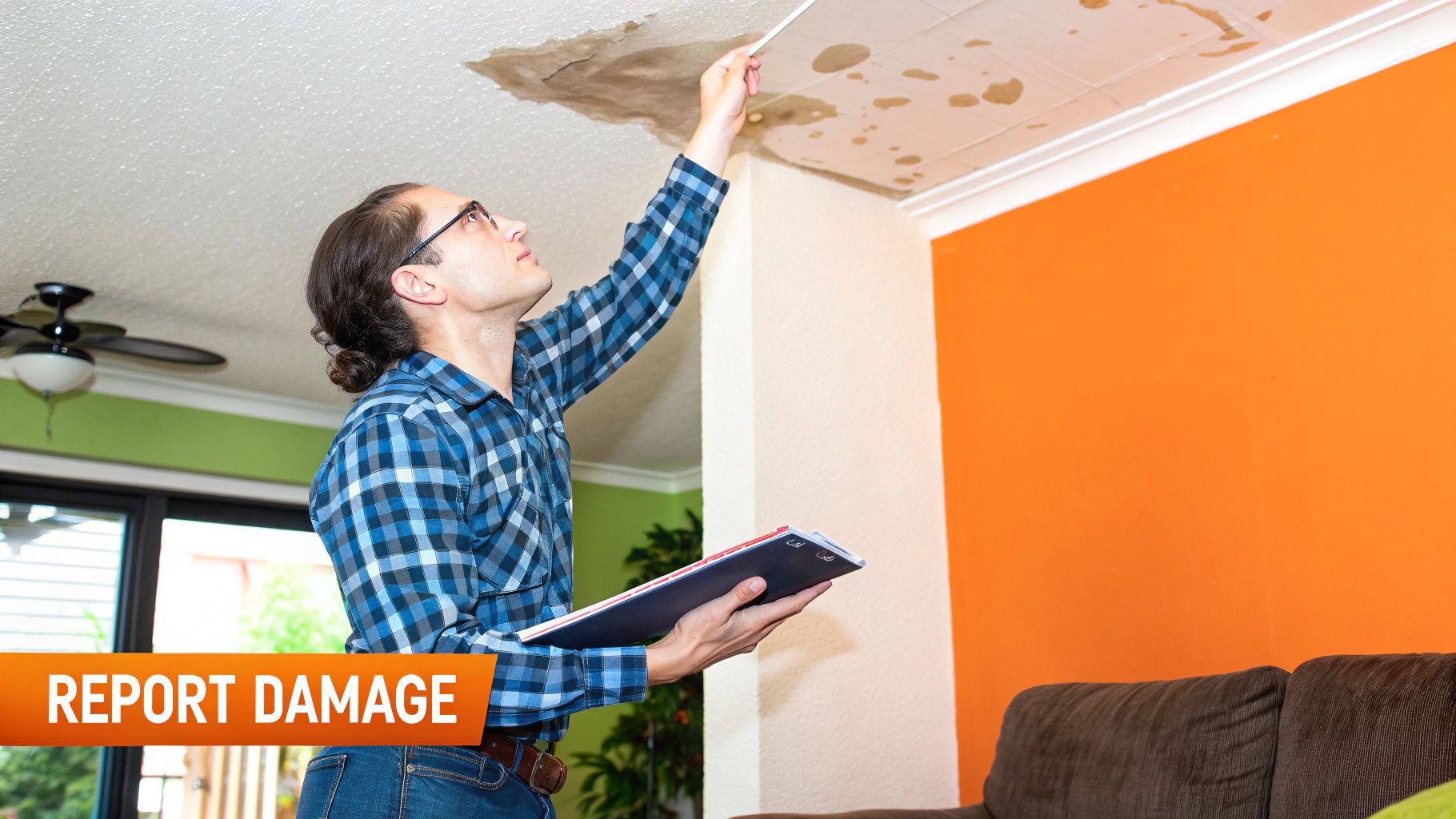 Person inspecting water damage on ceiling, holding a clipboard, with "REPORT DAMAGE" text overlay, in a home setting.