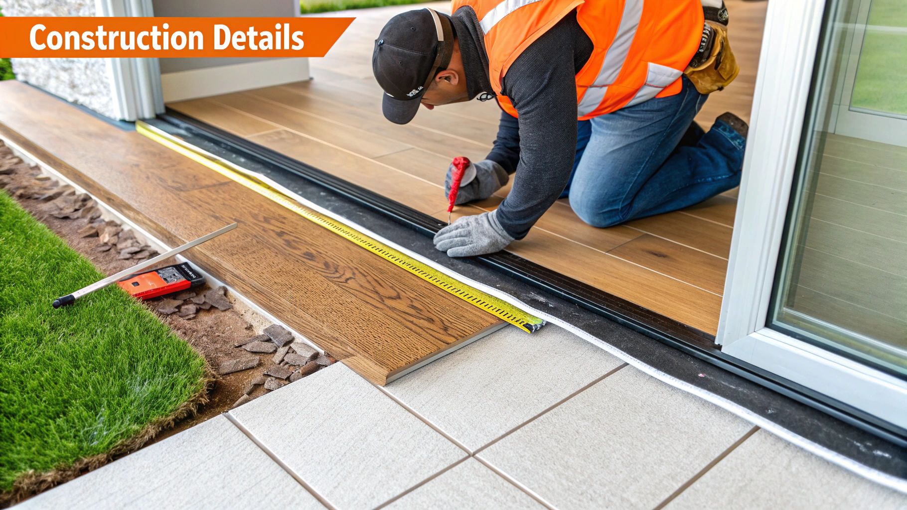 A worker kneels to measure and mark a wooden plank for outdoor flooring installation.