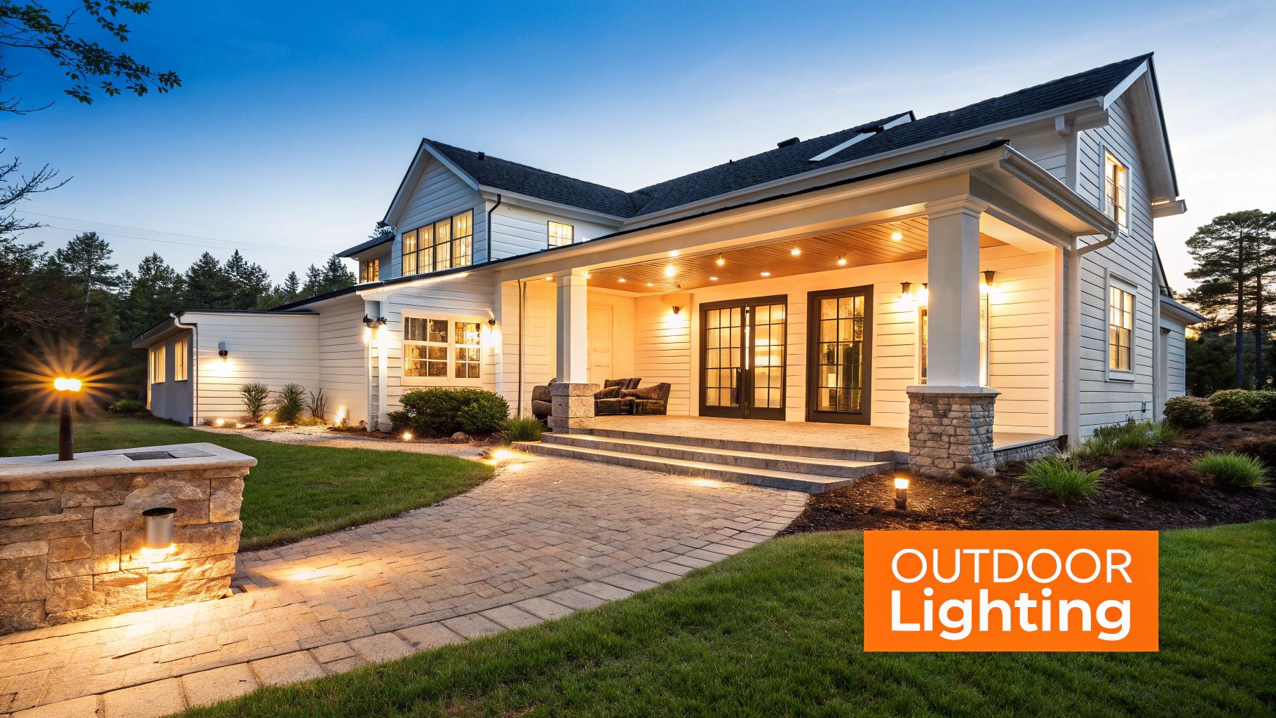 A beautiful white house at dusk with bright outdoor lighting illuminating the pathway, porch, and landscaping.