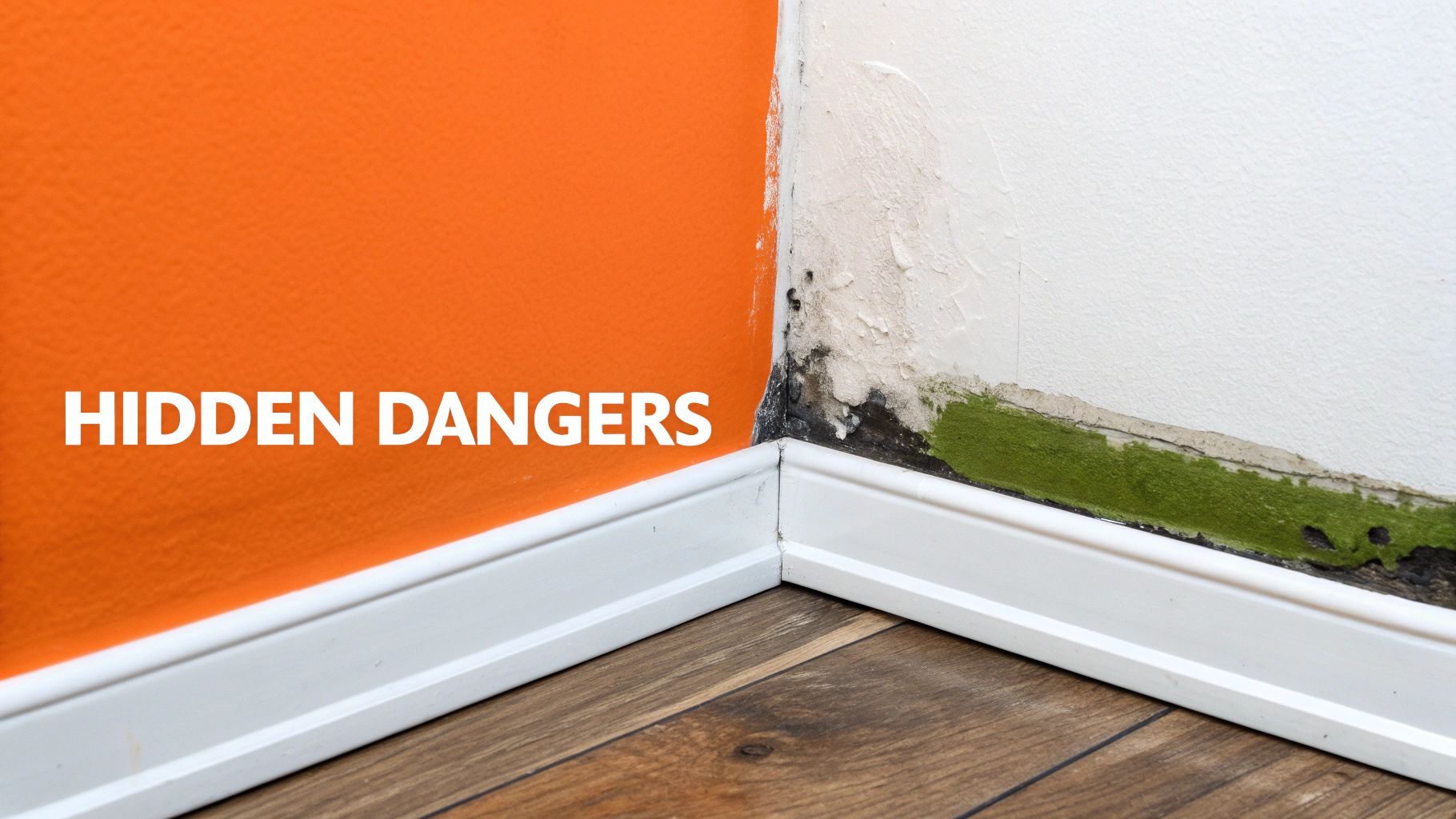 Hidden dangers of water damage, showing mold growth on drywall and baseboard, with orange wall and wooden flooring.