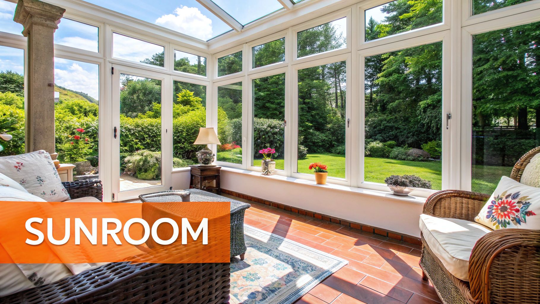 Sunroom with large glass windows, wicker furniture, and vibrant garden view, showcasing a bright and inviting indoor-outdoor living space.
