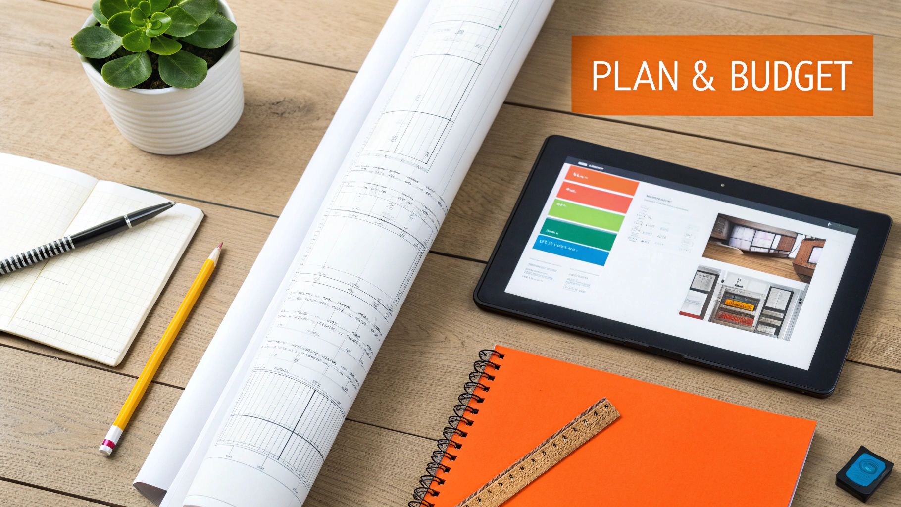 A design and build team collaborating on kitchen remodel blueprints.