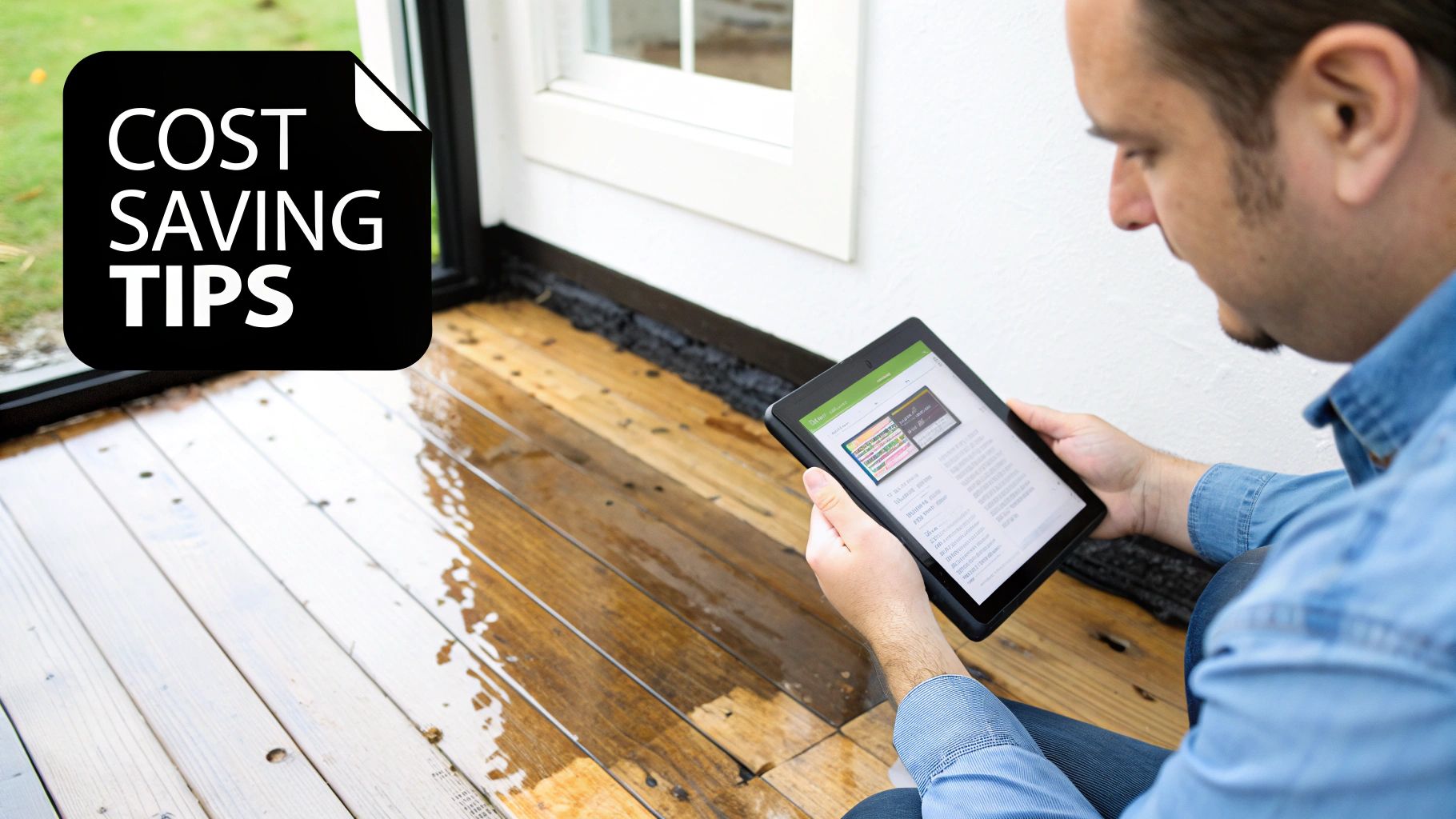 Man sitting on wooden floor with water damage, holding tablet displaying cost-saving tips for water damage restoration.