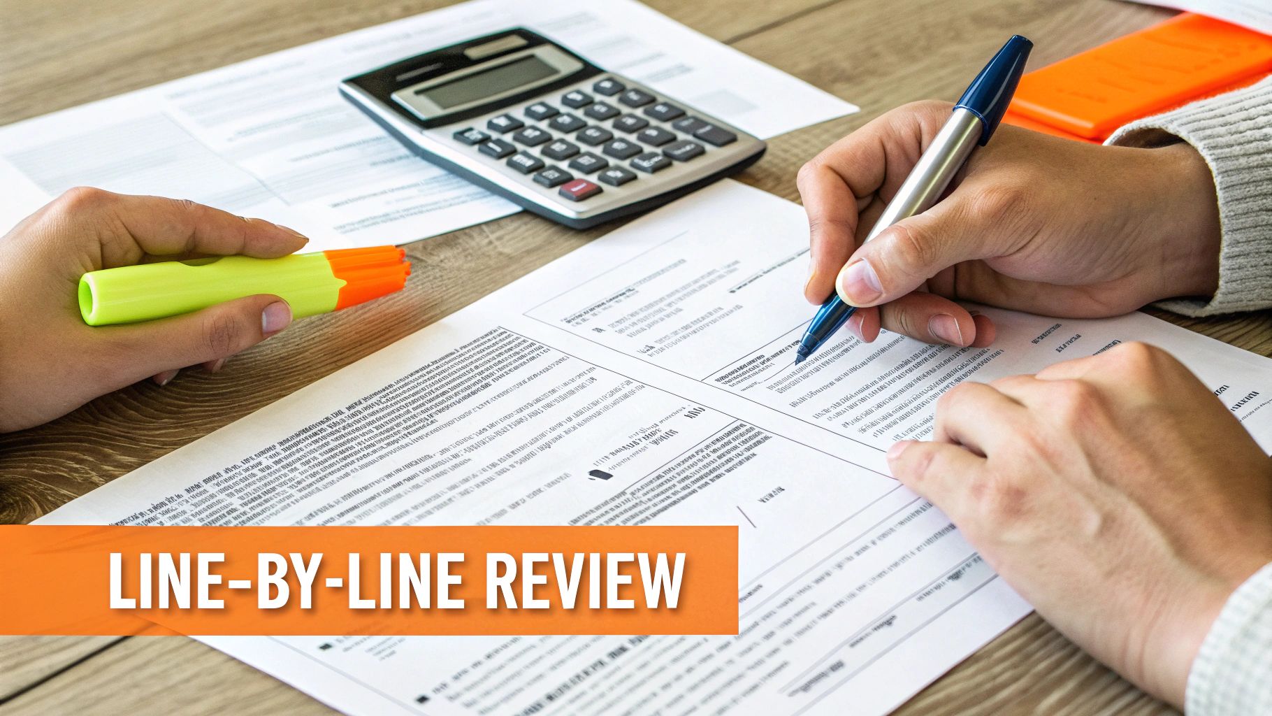 Hands reviewing documents with a blue pen and highlighter, calculator nearby, emphasizing line-by-line analysis for insurance claim negotiations.