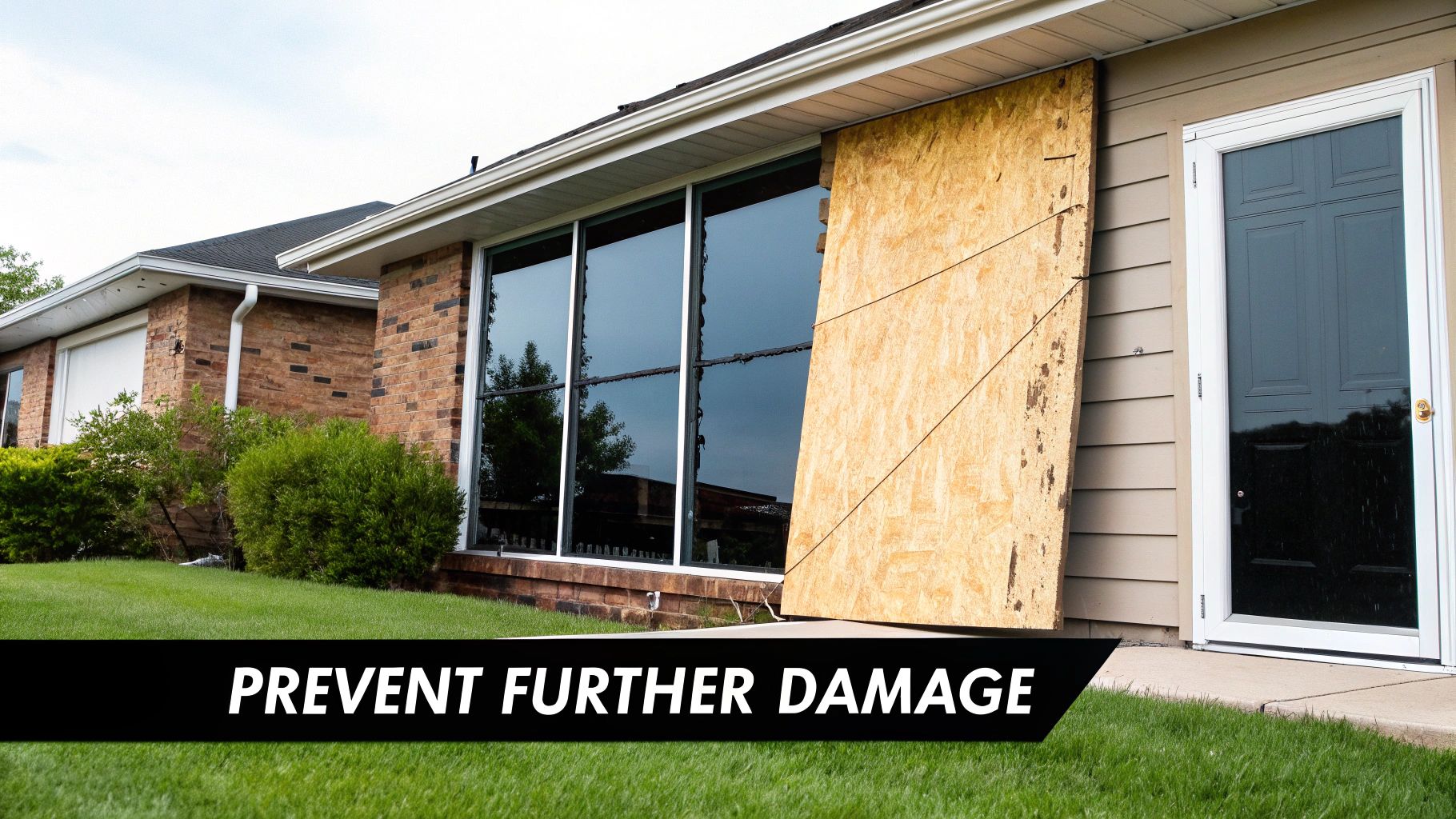 Boarded-up window with plywood to prevent further damage, emphasizing emergency property protection after incidents, in a residential setting.