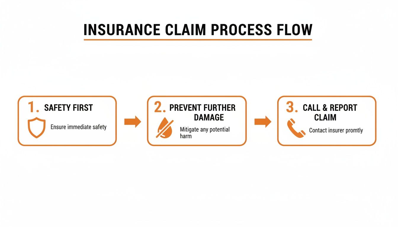 Flowchart outlining the three essential steps in an insurance claim process: safety, damage prevention, and reporting.