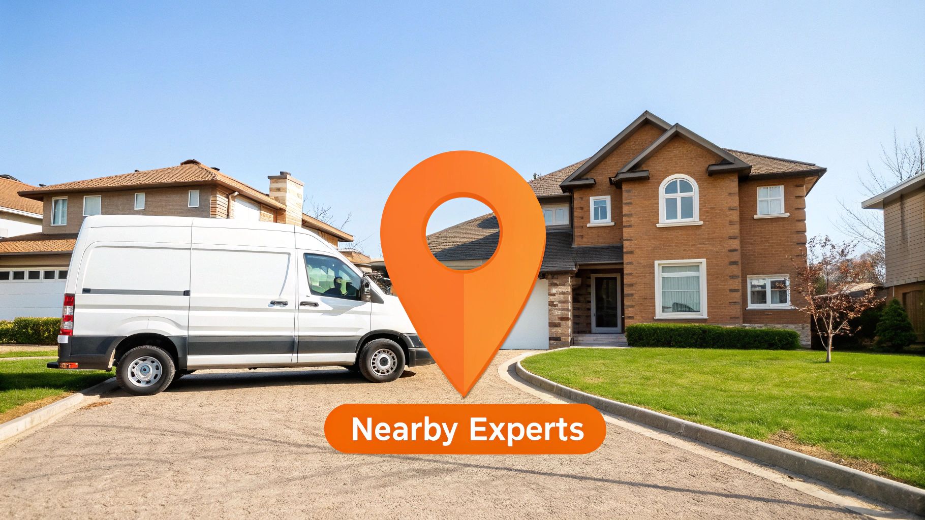 White service van parked in front of a residential home, featuring a prominent orange location pin graphic with "Nearby Experts" text, emphasizing local mold remediation services by Sparkle Restoration.