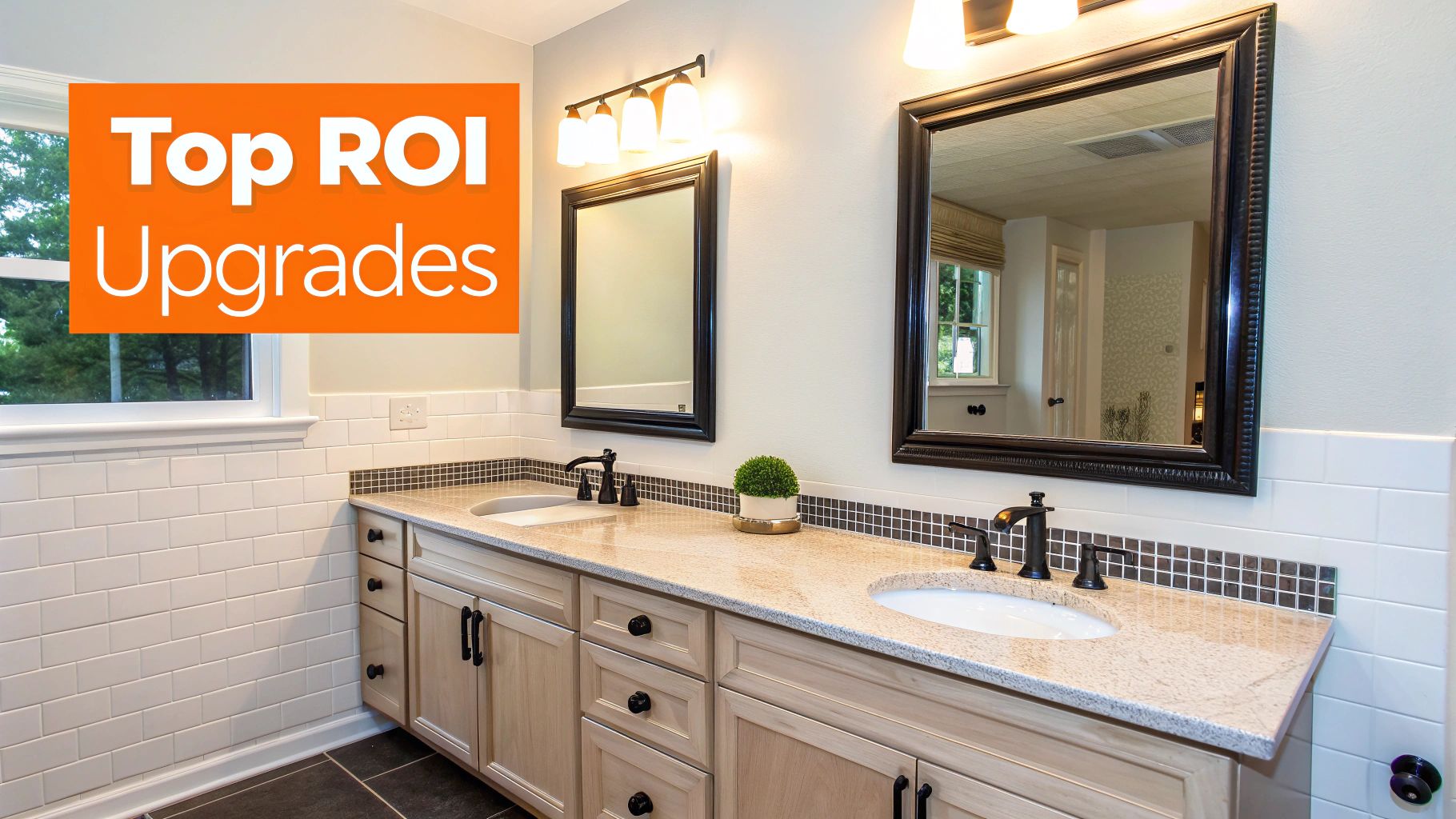 Modern bathroom with dual sinks, stylish mirrors, and neutral tones, featuring text overlay "Top ROI Upgrades," emphasizing value-driven design for home remodeling.