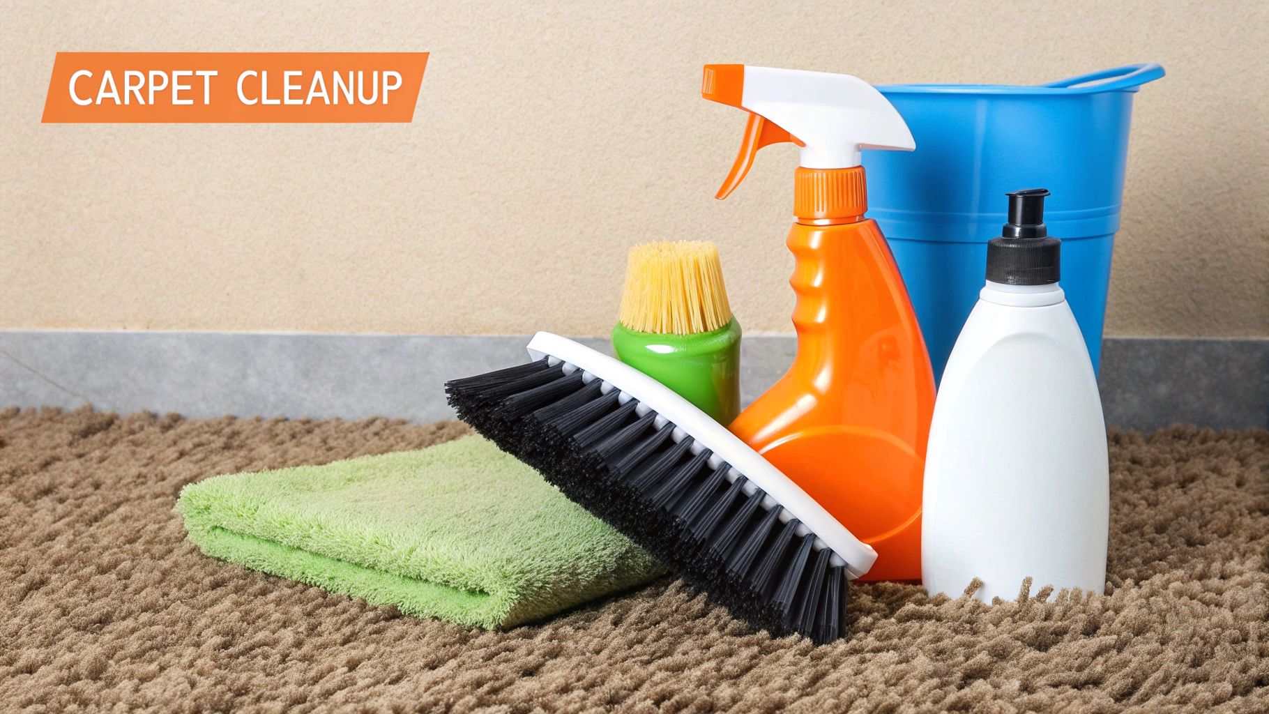Carpet cleanup tools including a brush, spray bottle, cleaning solution, and towels on a carpet, emphasizing mold remediation and prevention strategies.