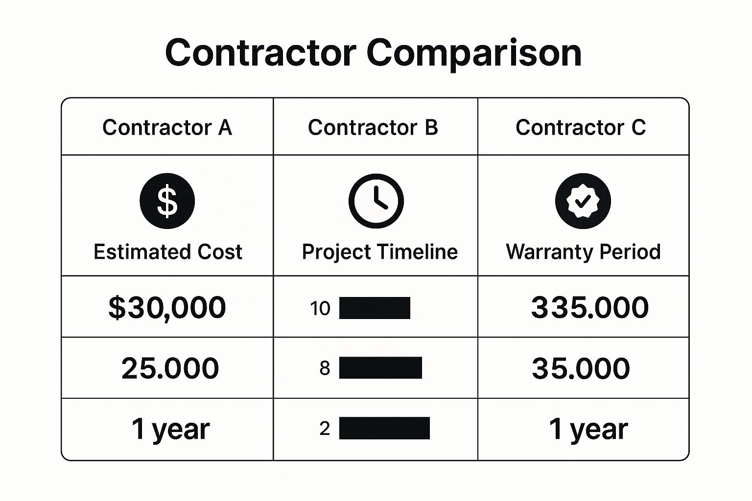 Contractor comparison chart displaying estimated costs, project timelines, and warranty periods for three contractors, emphasizing key factors for kitchen remodeling decisions.