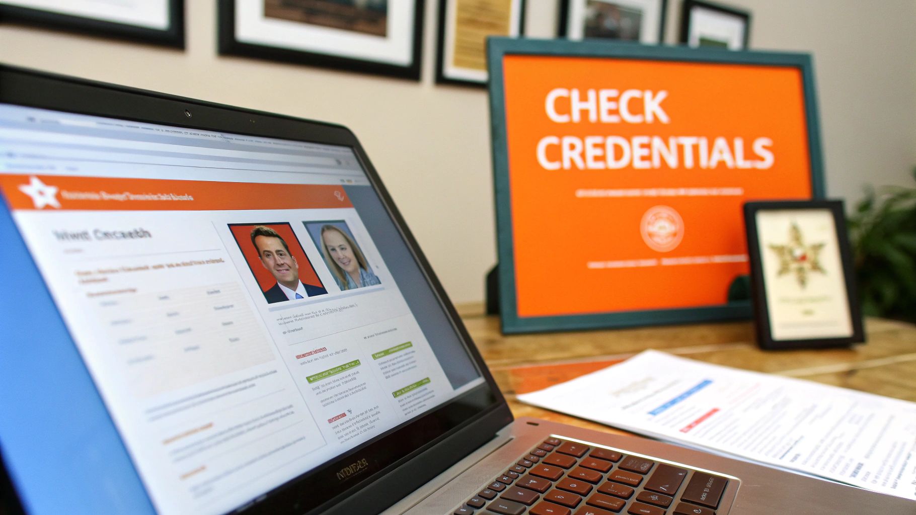 Laptop displays a website for checking credentials with people's profiles, alongside an orange 'CHECK CREDENTIALS' sign, emphasizing verification.
