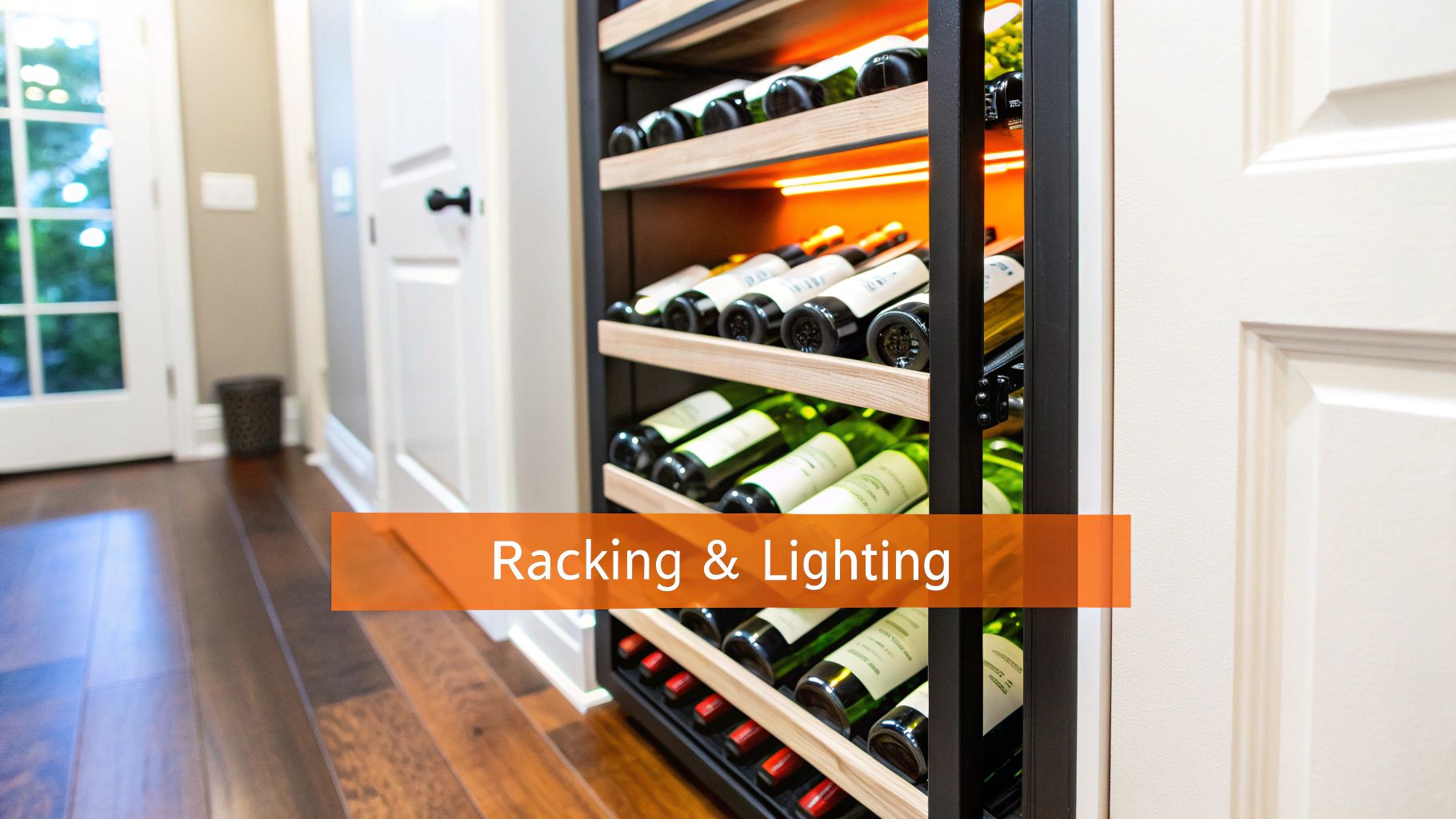 A modern custom wine cellar with elegant wood racking and soft, ambient lighting showcasing a collection of wine bottles.