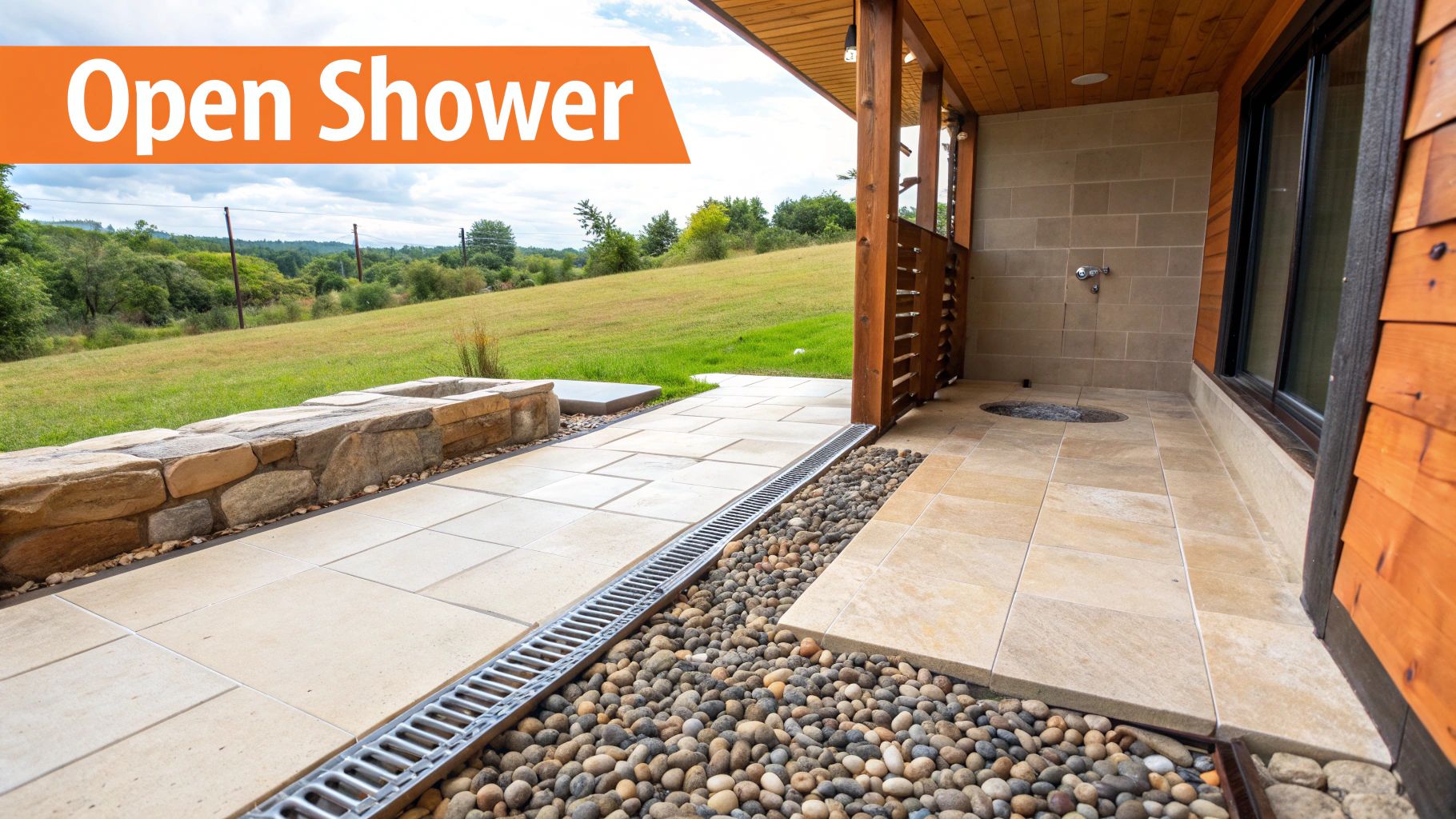 Open shower design featuring natural stone flooring, seamless integration with outdoor views, and rustic aesthetic elements, ideal for luxury bathroom renovations in Orange County.