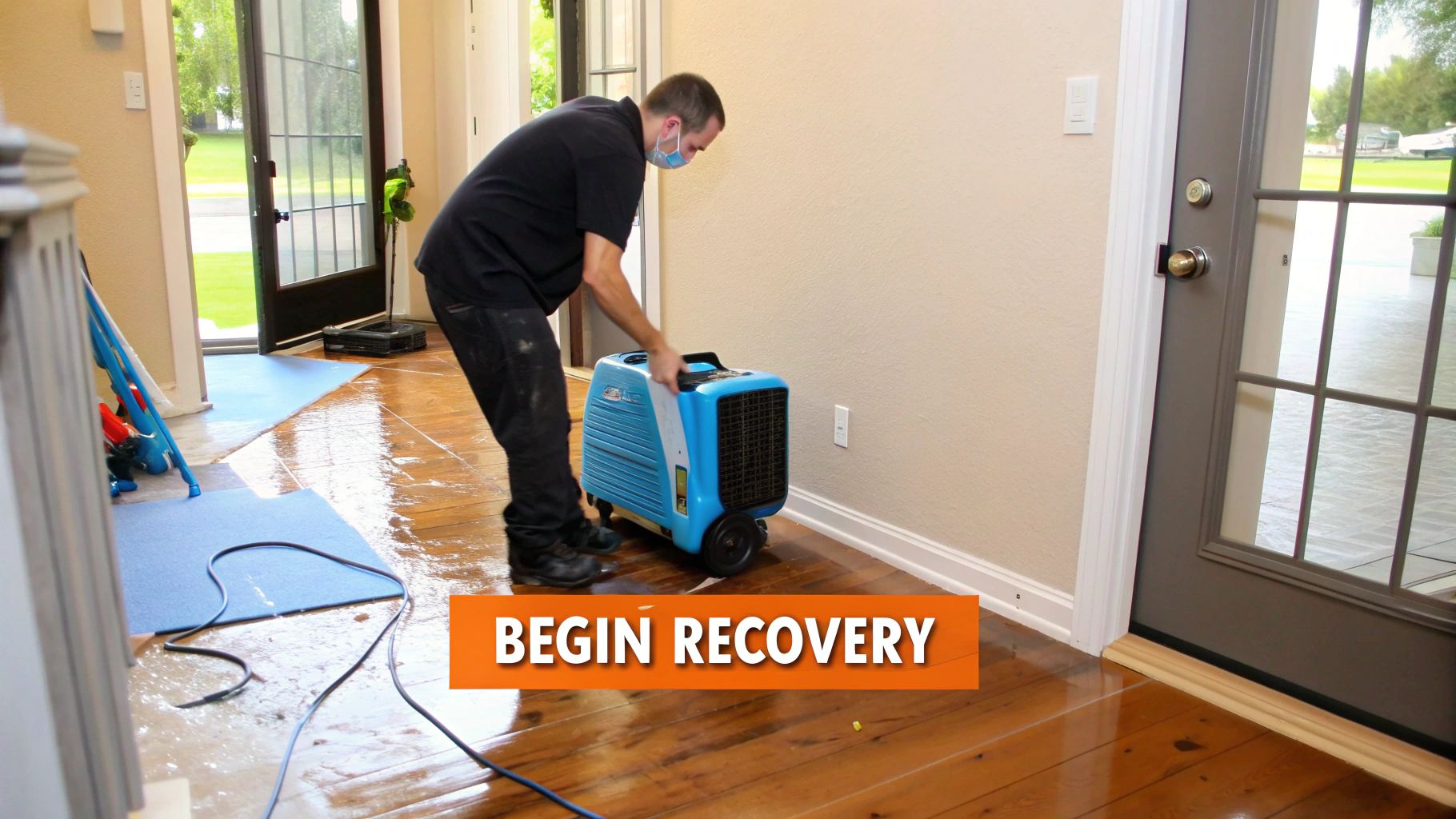 Professional-grade dehumidifier in use for flood damage recovery, with a technician managing water removal in a home setting.