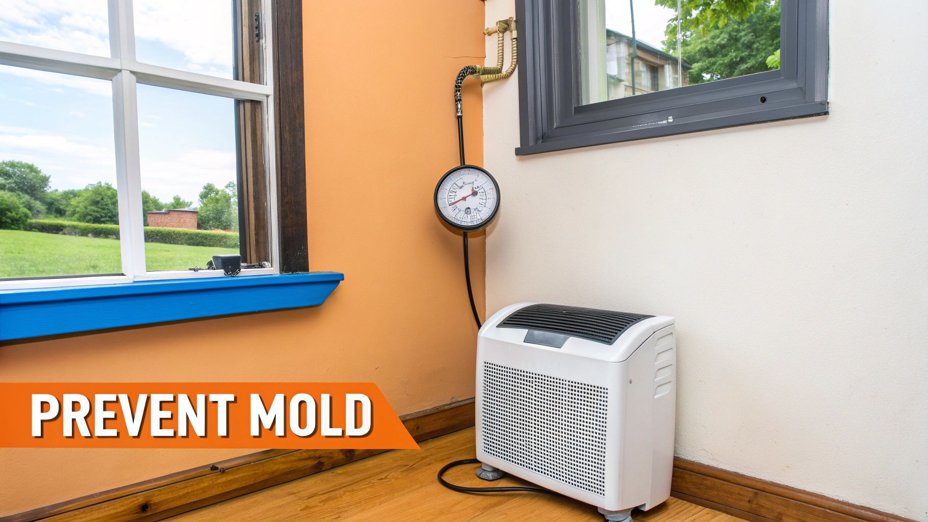 Dehumidifier in a home setting with a humidity gauge, emphasizing mold prevention strategies.