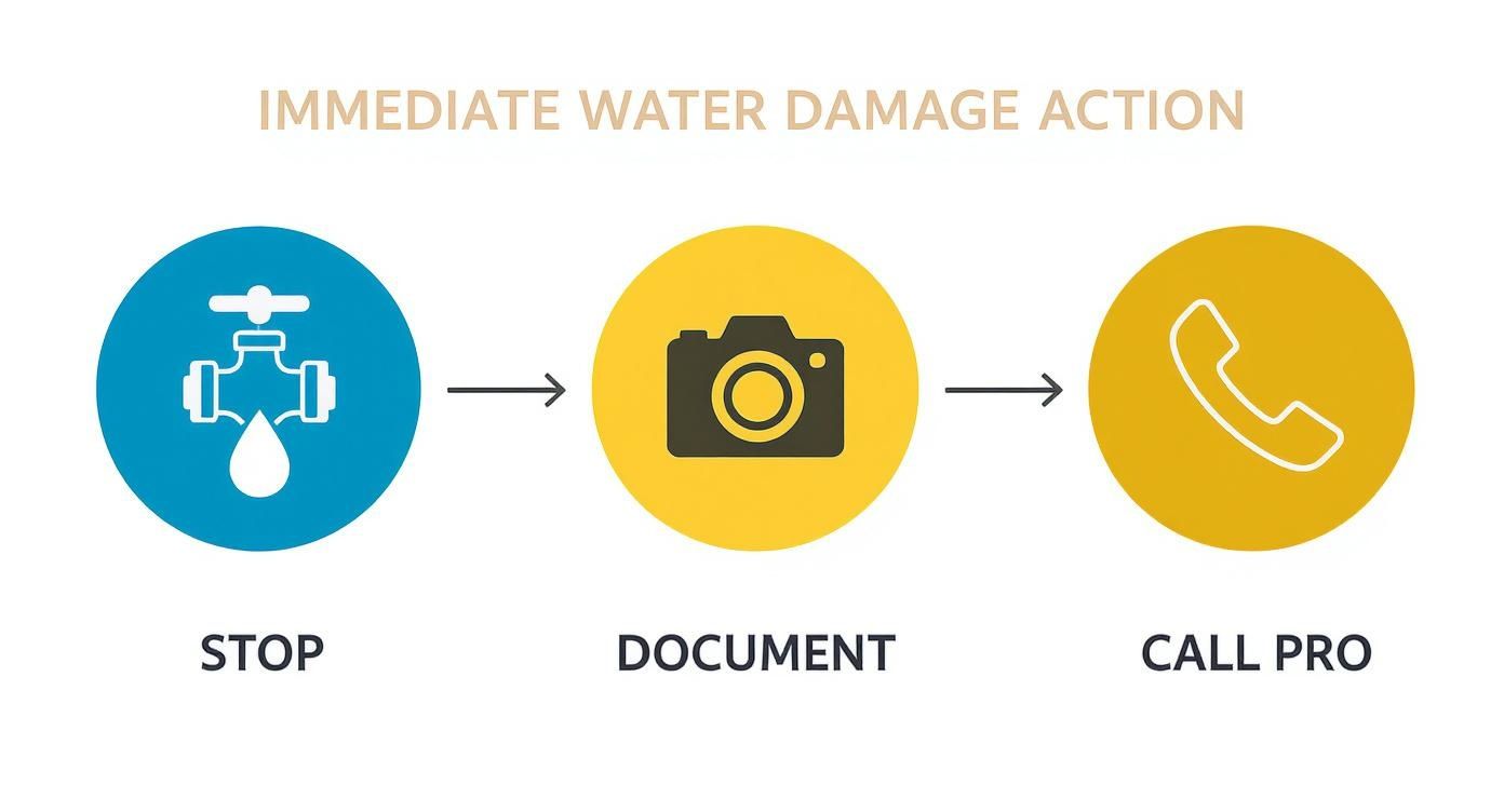 Infographic illustrating immediate water damage action steps: stop the water source, document the scene with a camera, and call a professional for restoration services.