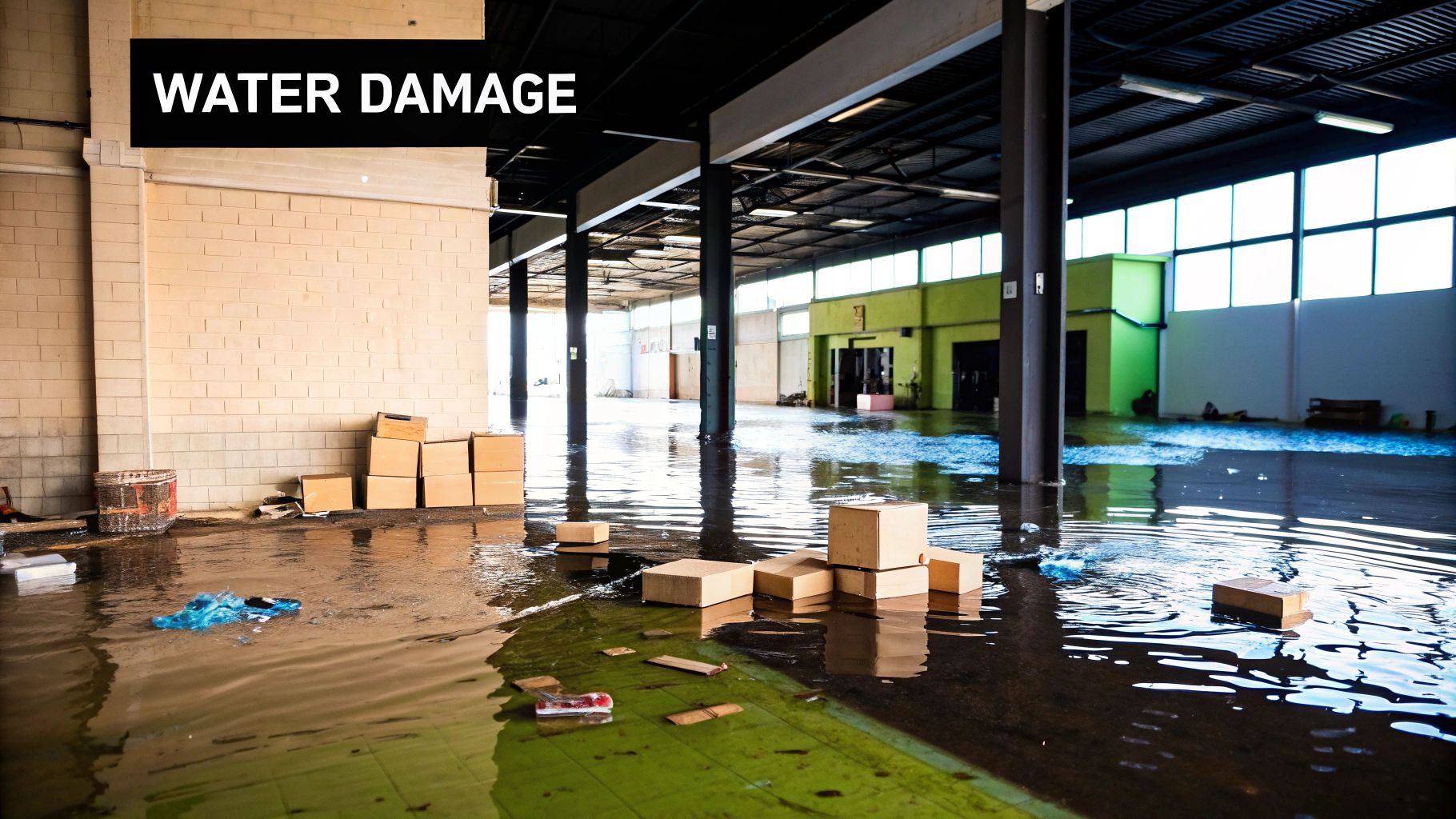 Water damage in commercial property with flooded floor, cardboard boxes, and debris, highlighting urgent need for water damage restoration services.