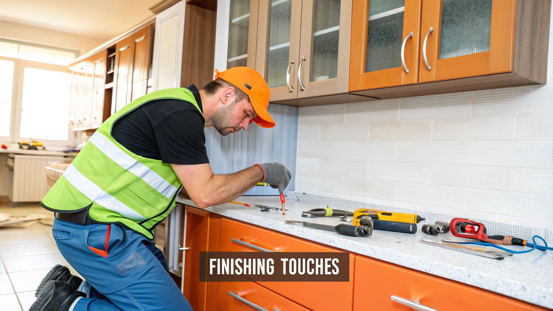 A skilled contractor carefully installing a marble backsplash in a nearly finished modern kitchen.