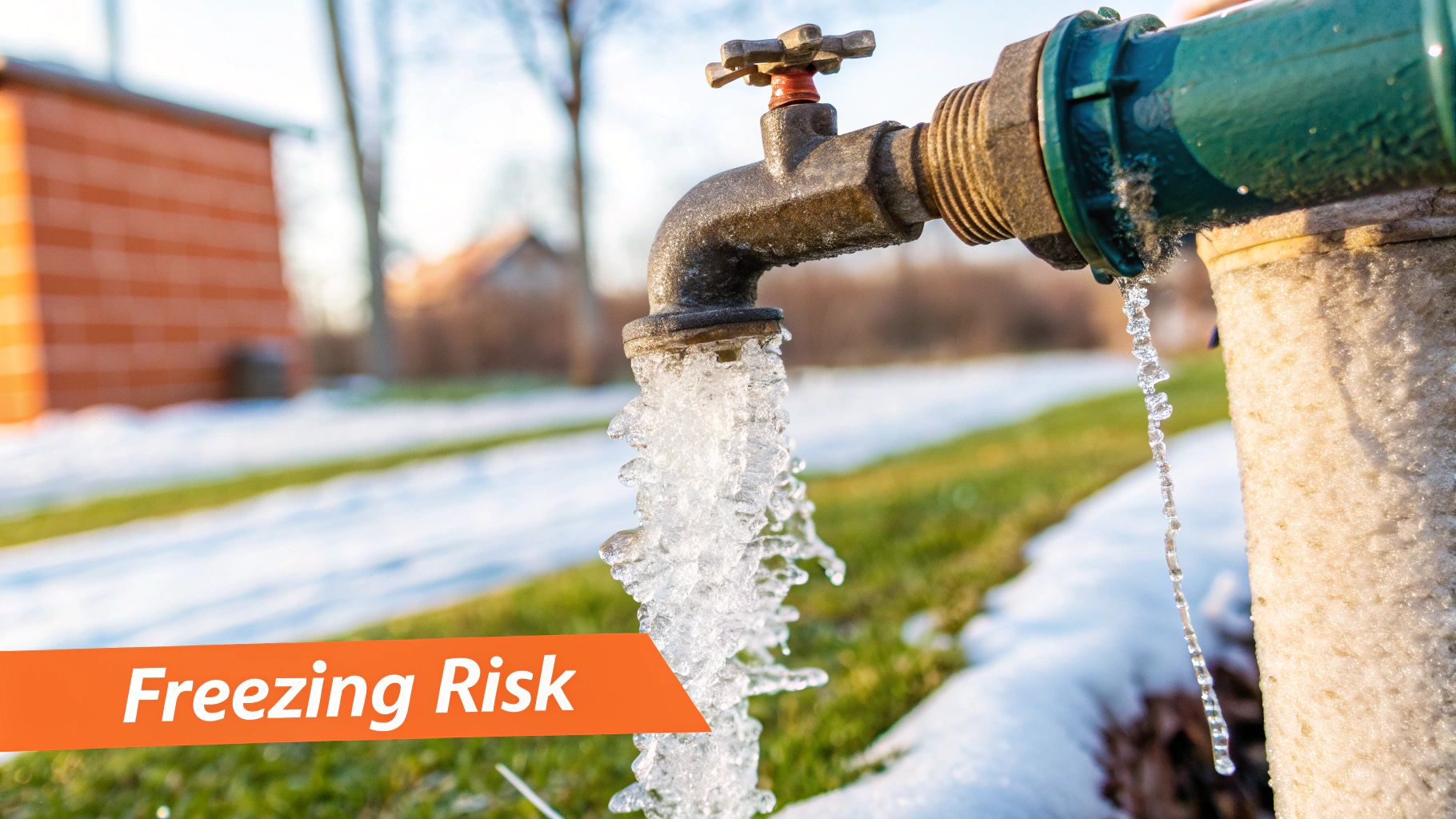Frozen outdoor faucet with water flowing, surrounded by snow and grass, highlighting freezing risk for pipes.